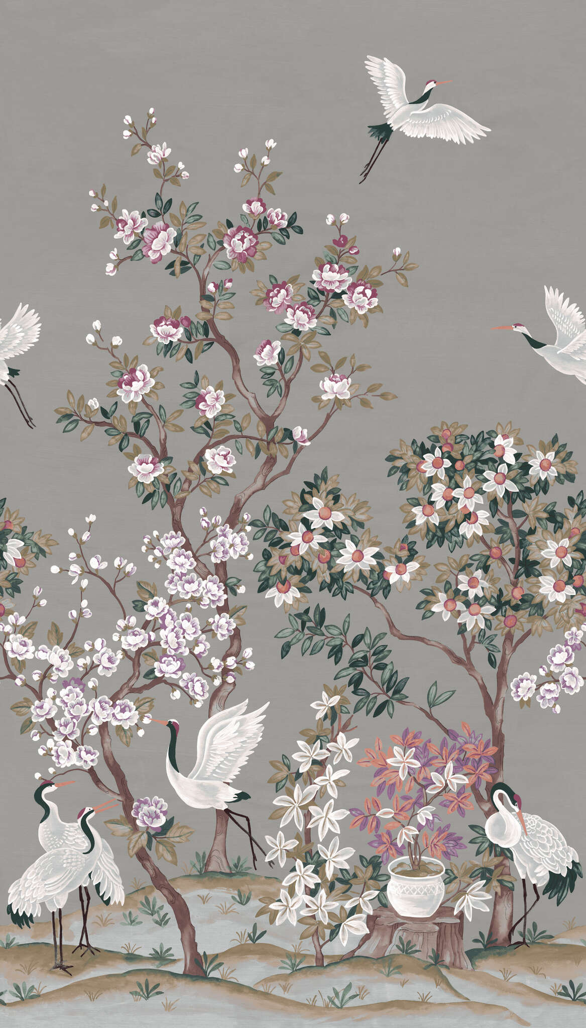 10-368031 Artikelscan 1 Serene Garden wall mural with cranes in grey – Noble Zen 368031