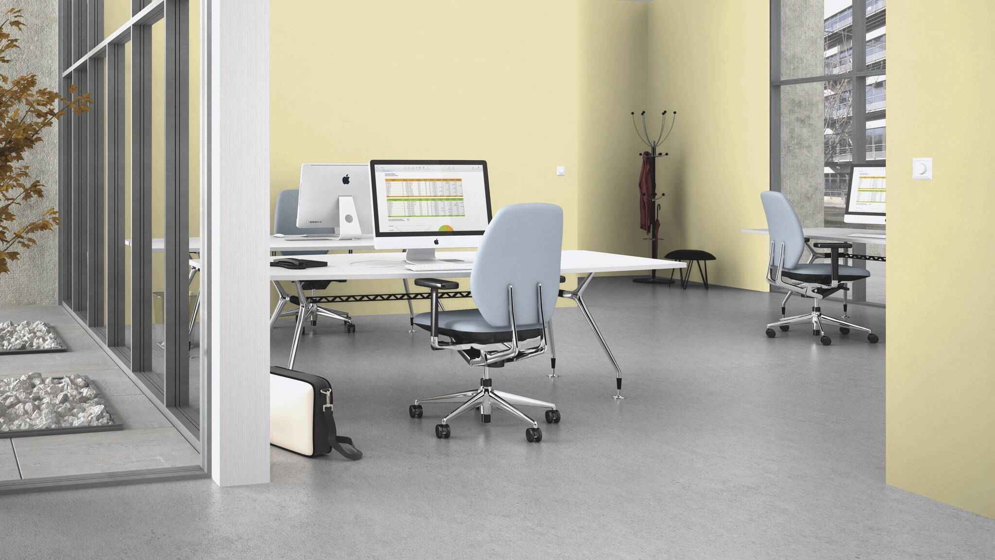 10-447521 Raumsituationen 4 Room with Plain non-woven wallpaper in delicate light yellow with a fabric-like linen texture