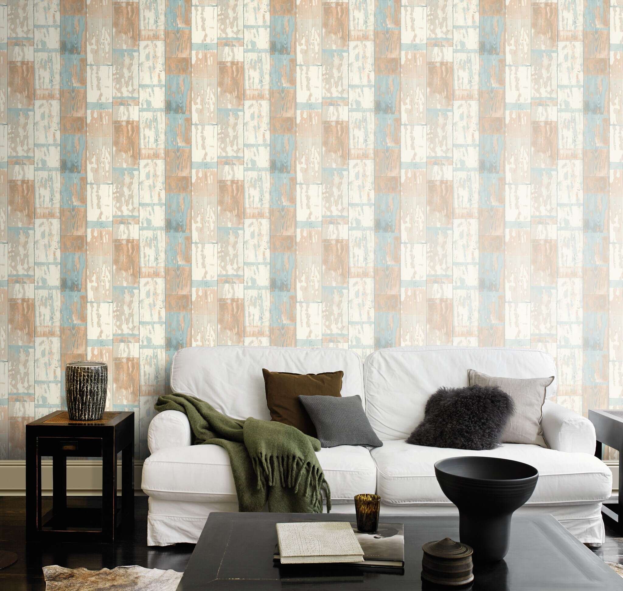 10-416428 Raumsituationen 2 Non-woven wallpaper in wood look in orange and blue 416428