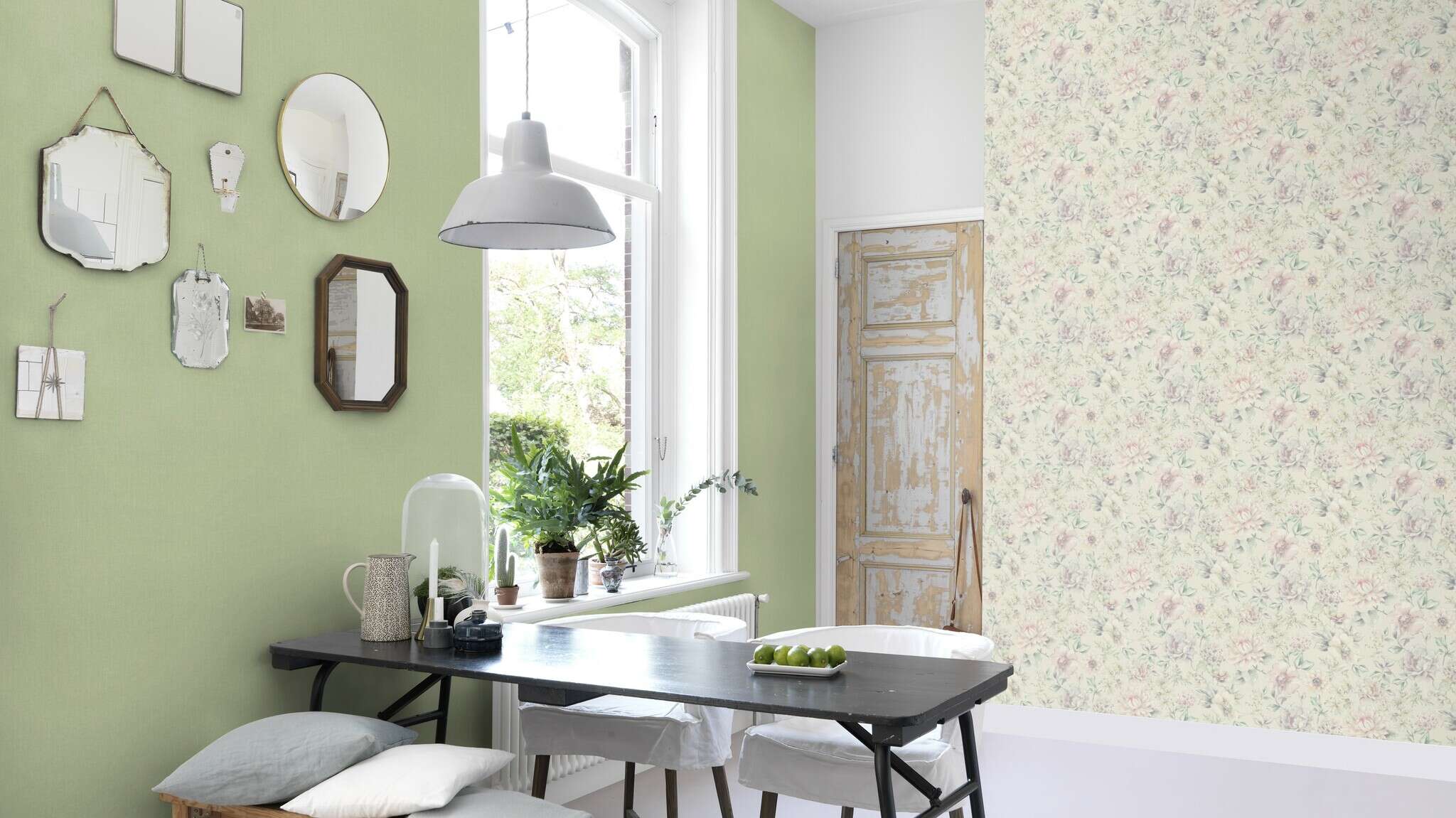 10-960716 Raumsituationen 1 Textile look non-woven wallpaper in green My Cottage 960716