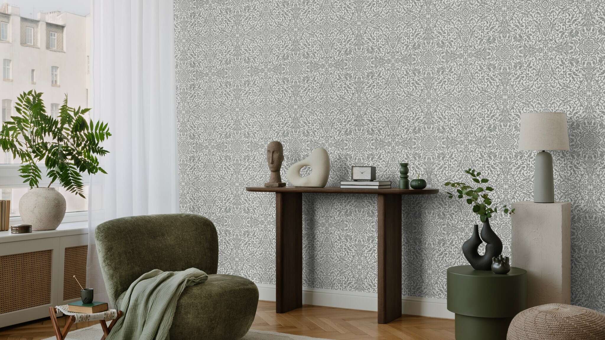 10-412079 Raumsituationen 1 Damask non-woven wallpaper in blue, In Bloom – Rosalie 412079