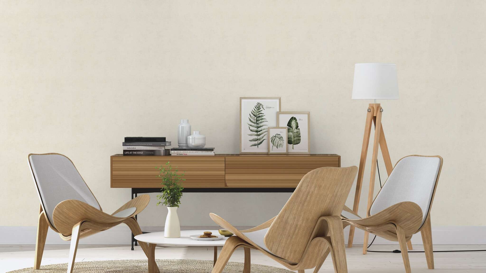 10-408126 Raumsituationen 2 Room with Light cream non-woven wallpaper with a fine, even textile texture