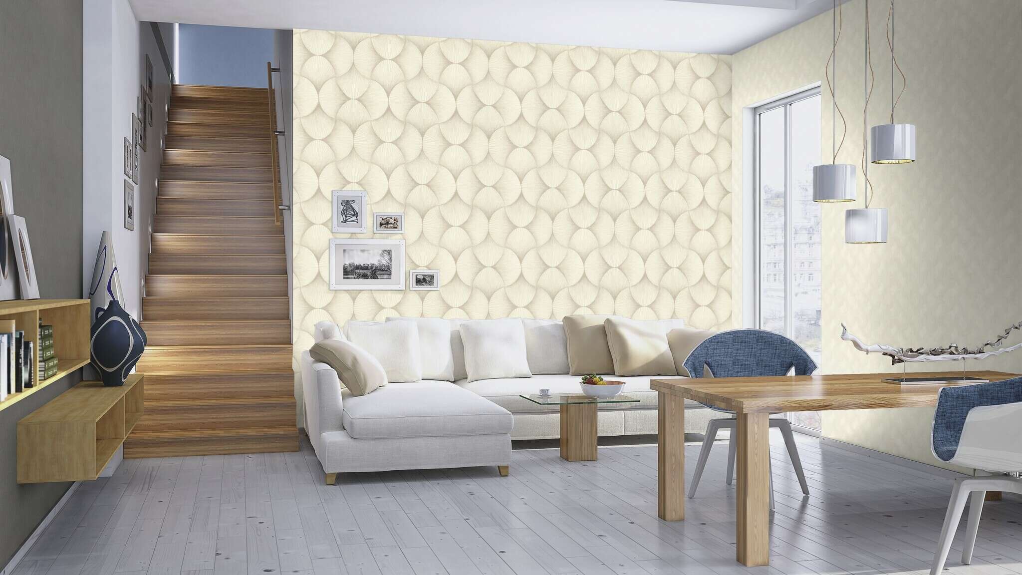 10-608120 Raumsituationen 1 Room with Graphic wallpaper with overlapping waves in a three-dimensional look