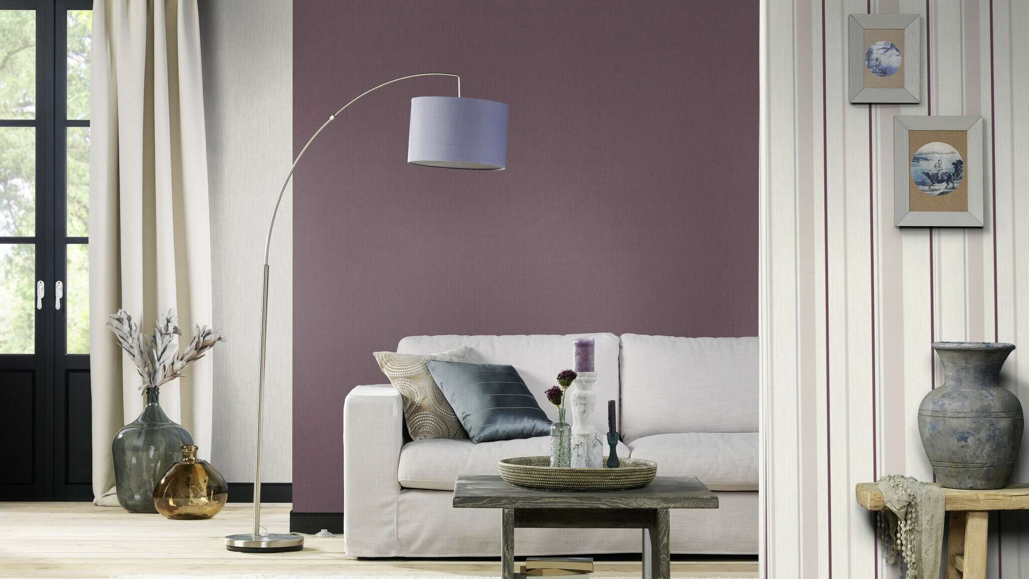 10-536126 Raumsituationen 3 Room with Wallpaper with a vertical texture, fine grooves and a glossy effect