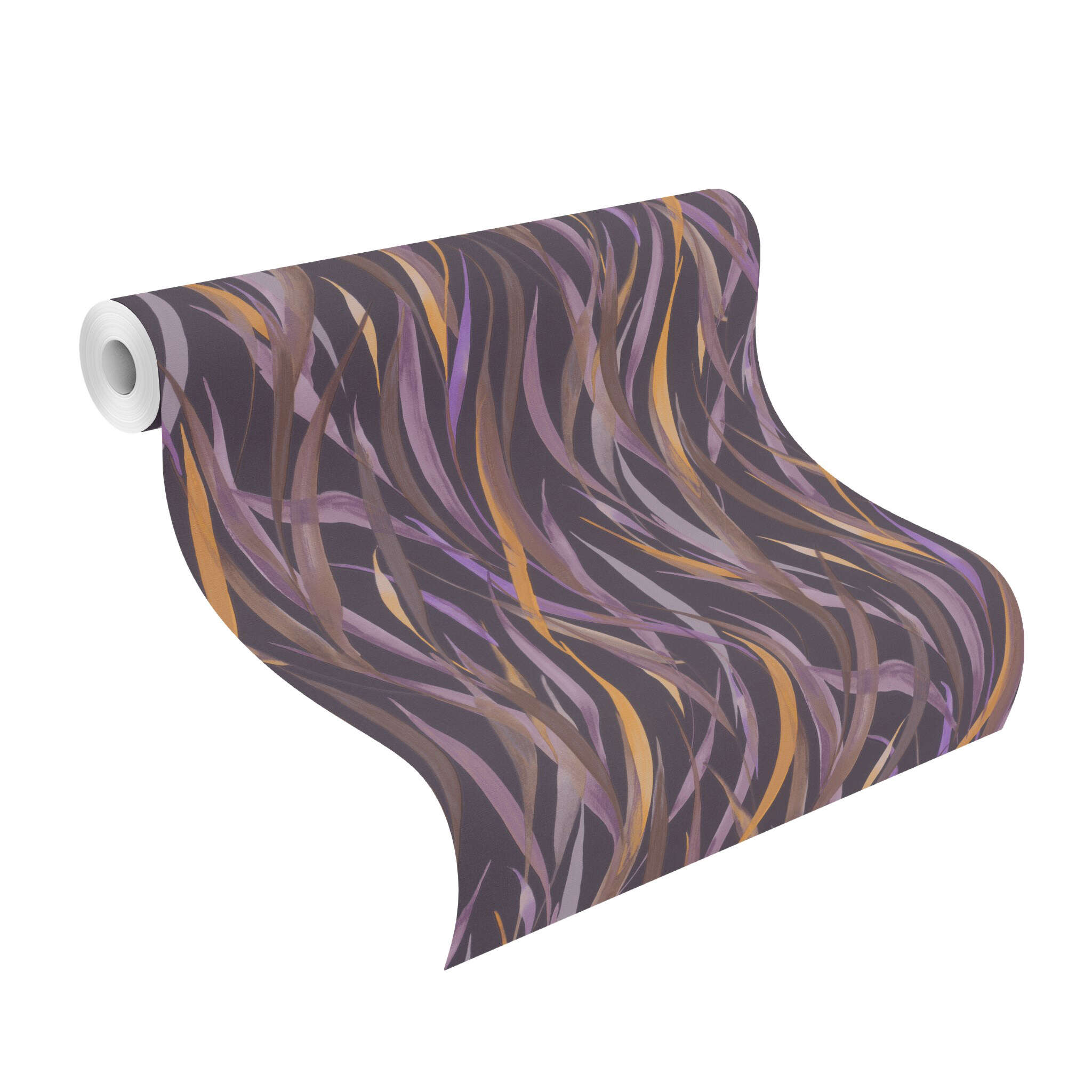 10-330243 Rolle abgerollt 1 Unrolled wallpaper roll with Purple-brown grass patterns on a dark background with golden yellow accents – intense, elegant and expressive.