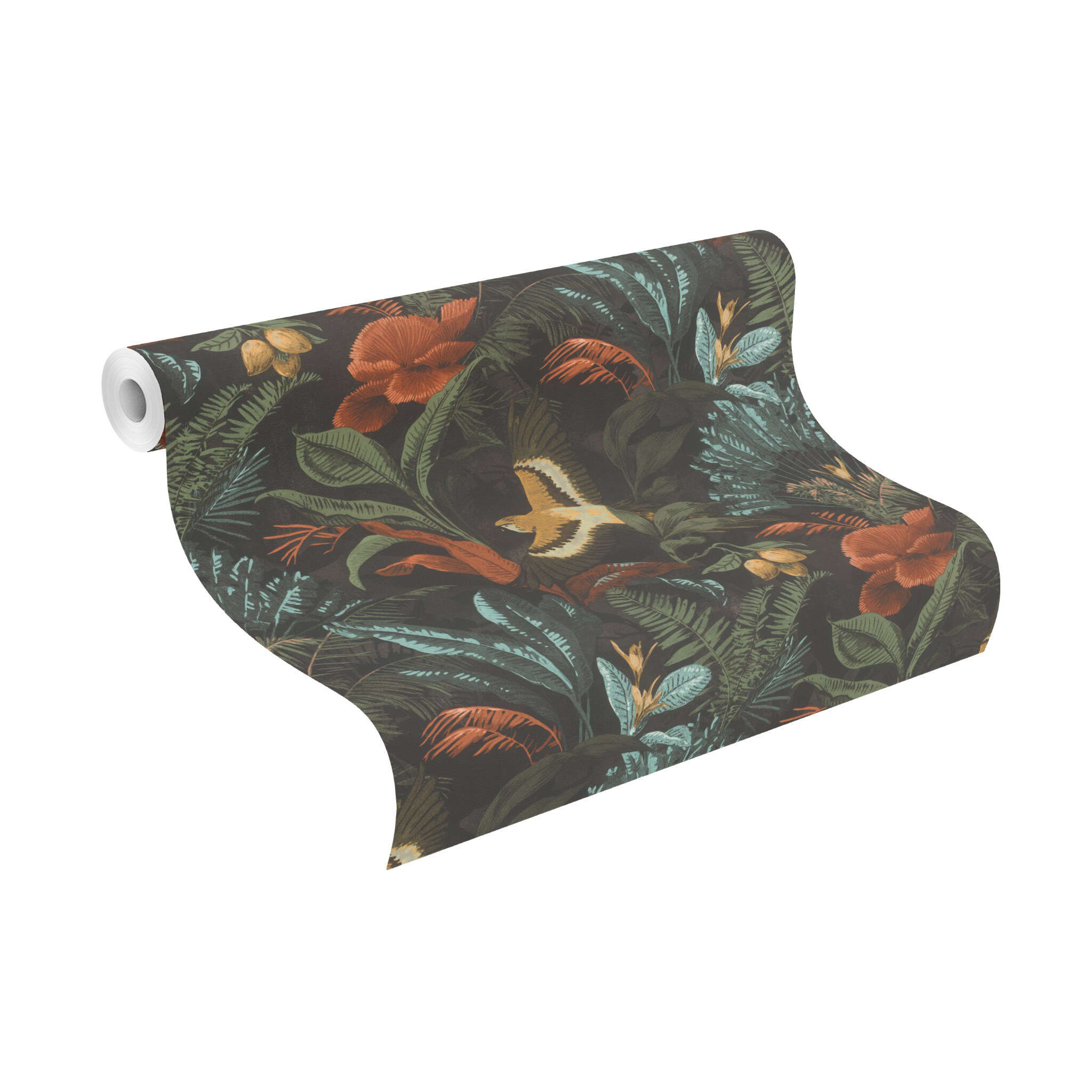 10-639230 Rolle abgerollt 1 Unrolled wallpaper roll with Exotic wallpaper with tropical plants and parrots