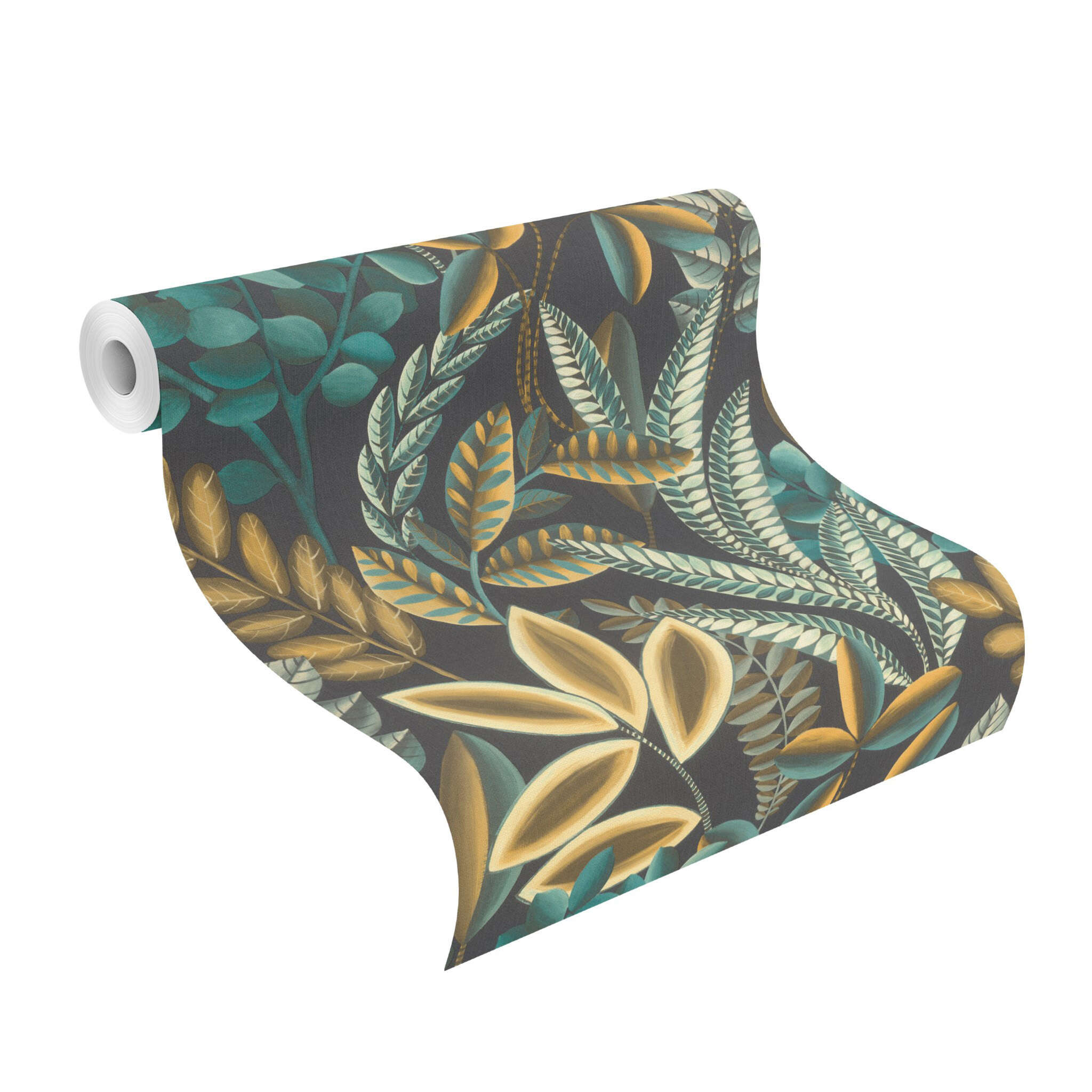 10-485561 Rolle abgerollt 1 Unrolled wallpaper roll with Imaginative plants in turquoise, light brown, cream white and grey on a black background