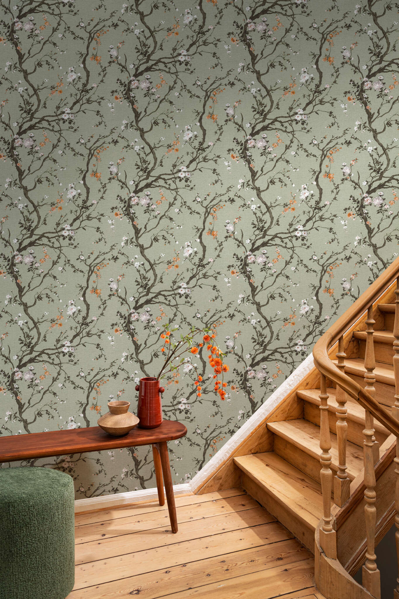 10-413243 Raumbilder 1 Flowering branches non-woven wallpaper in olive, In Bloom – Cherry Blossom 413243