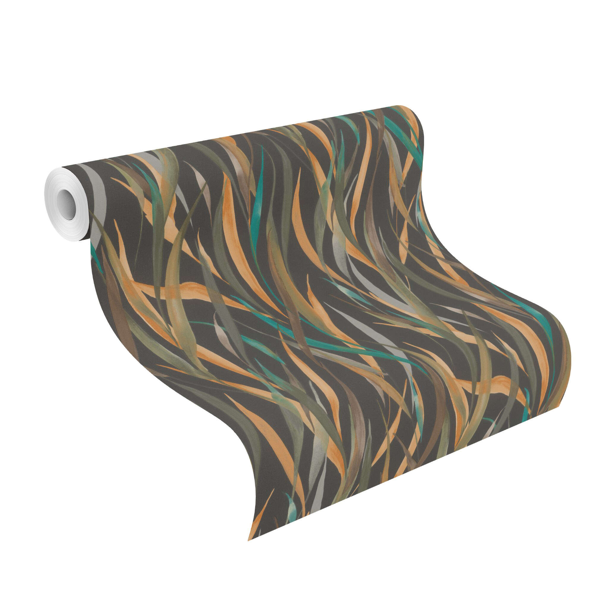 10-330250 Rolle abgerollt 1 Unrolled wallpaper roll with Black background with grasses in orange, green and petrol – a modern eye-catcher with jungle flair.