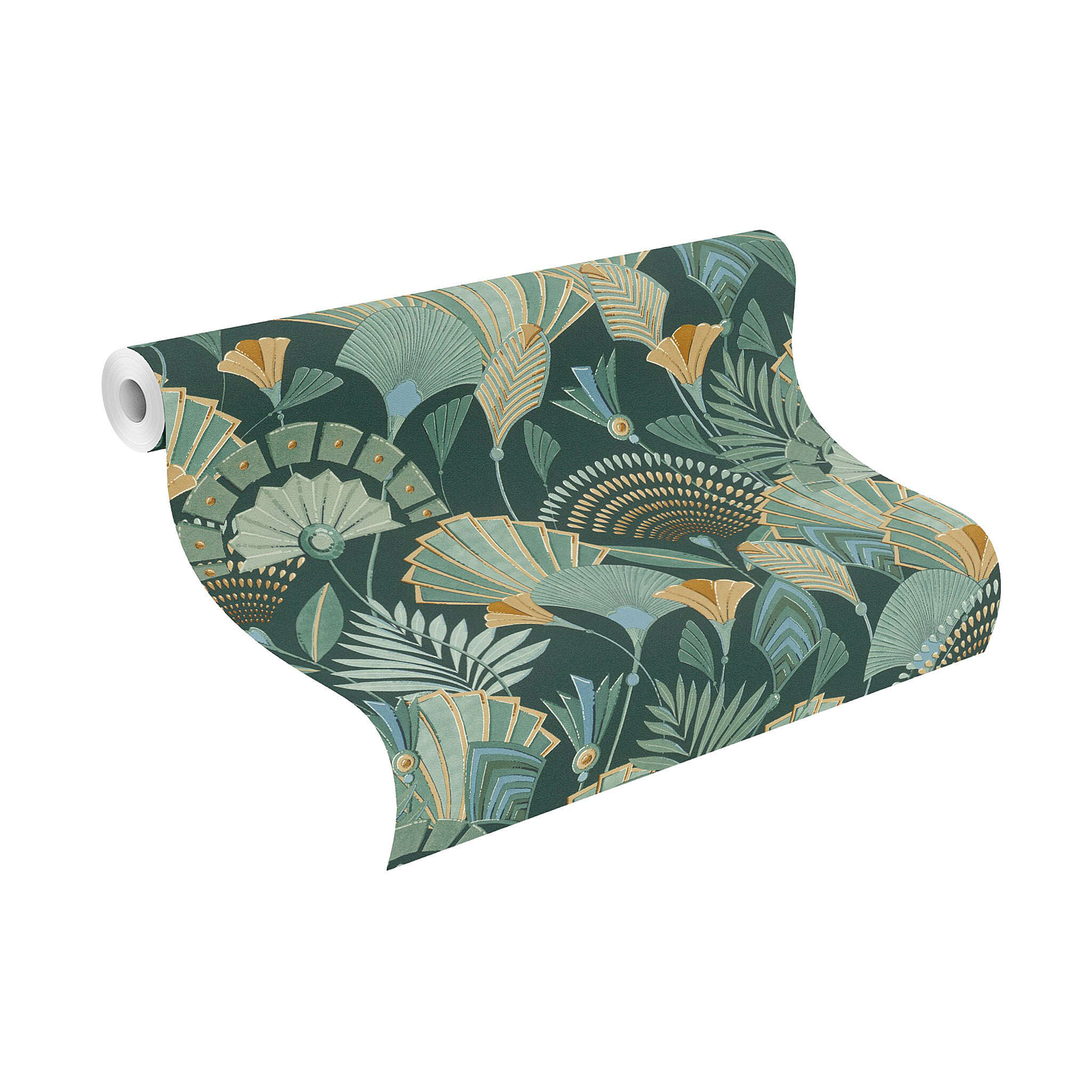 10-635690 Rolle abgerollt 1 Unrolled wallpaper roll with Wallpaper with abstract leaves and stylised plants in Art Deco style