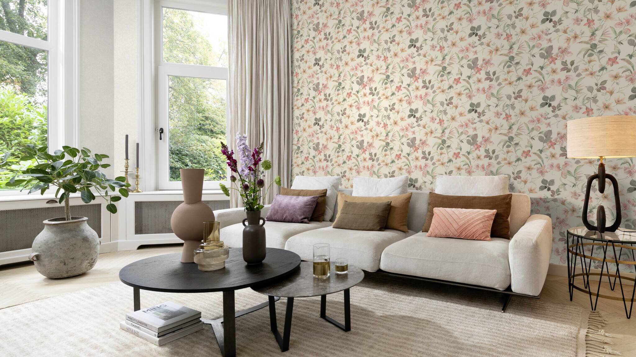 10-371314 Raumsituationen 1 Lumina 371314 self-adhesive wallpaper - floral pattern in soft green and pink