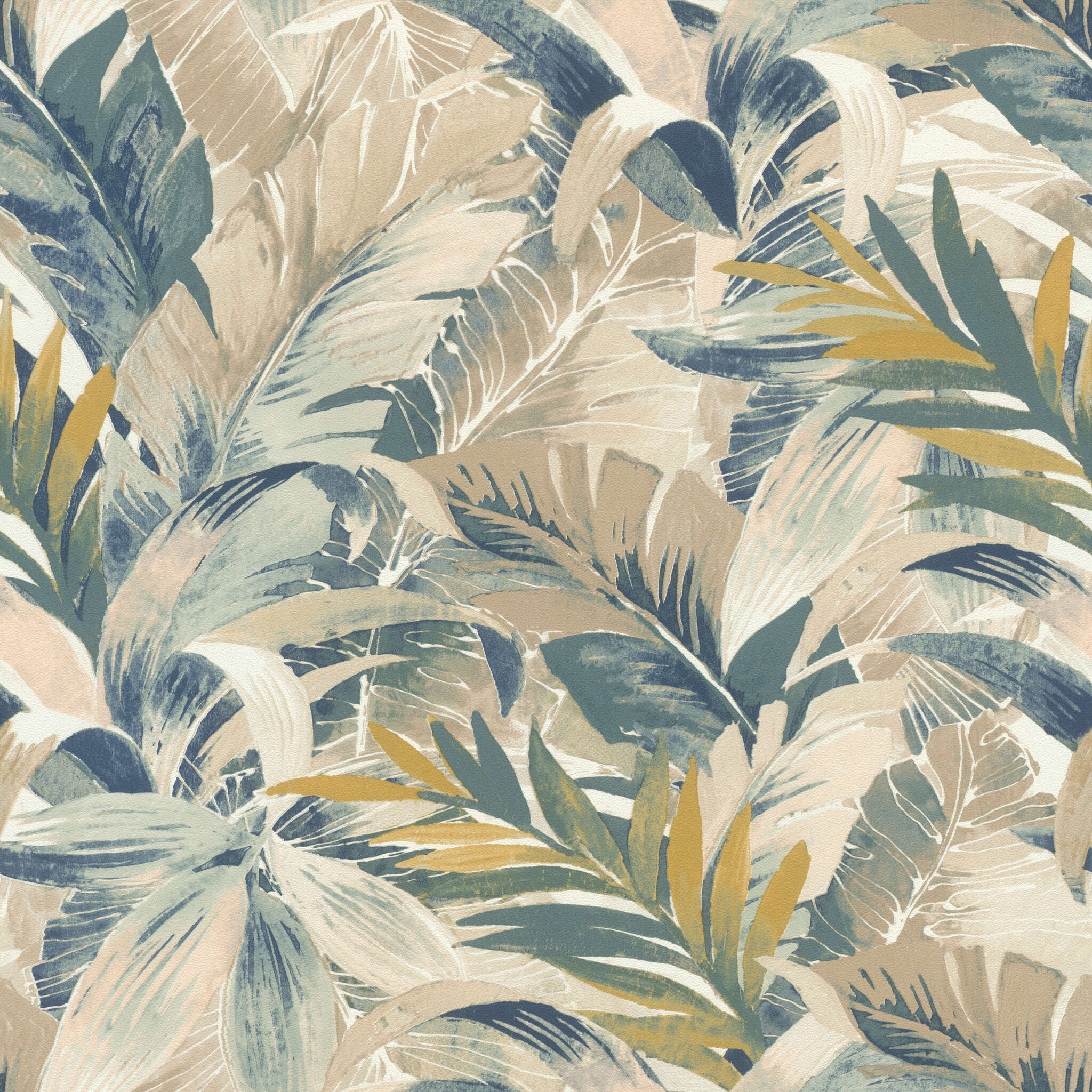 10-865202 Artikelscan 1 Exotic leaves in a painted look in beige, green, blue and brown with a fine texture