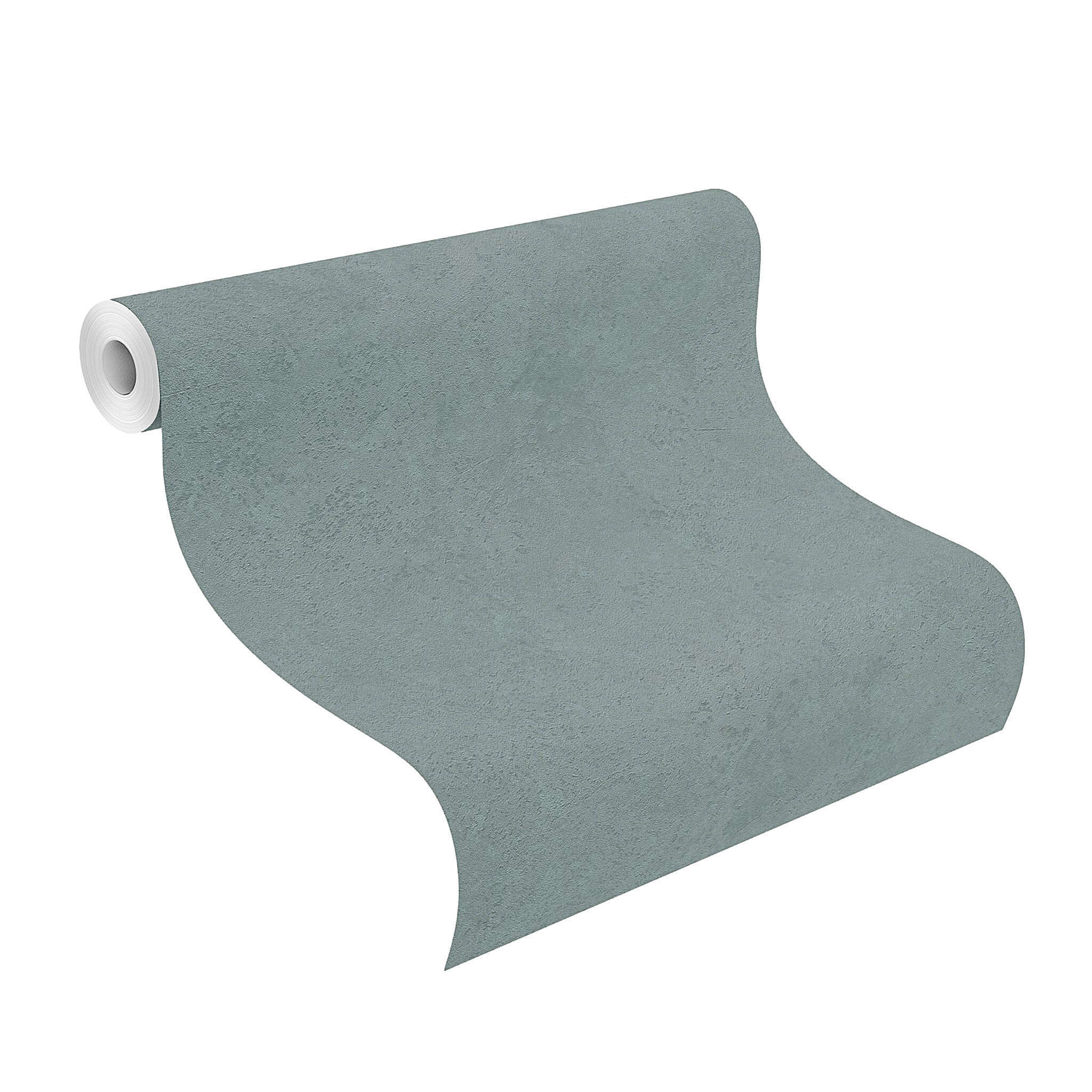 10-315172 Rolle abgerollt 1 Unrolled wallpaper roll with Petrol-coloured non-woven wallpaper with a weathered metal look – strong, modern and individual.