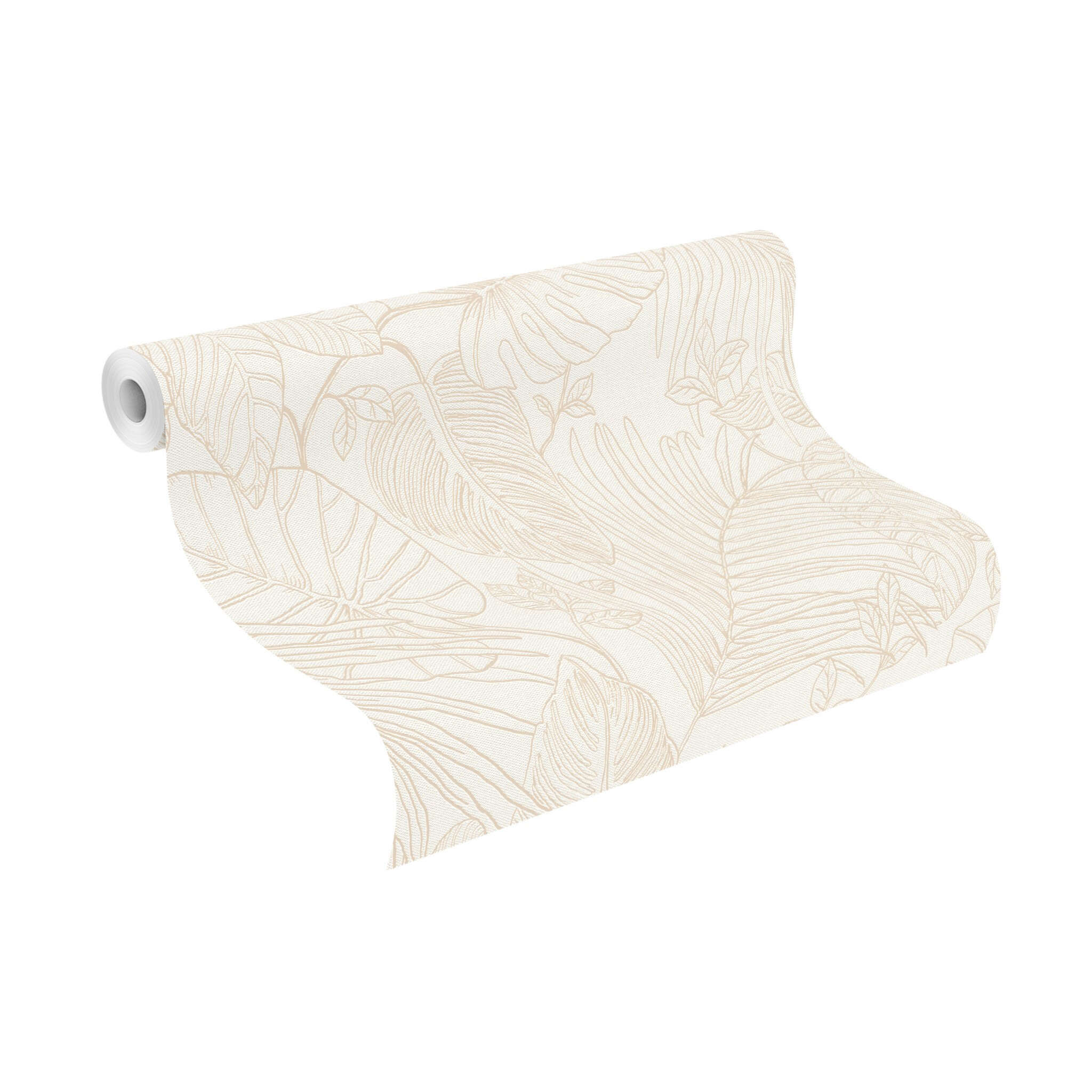 10-690804 Rolle abgerollt 2 Unrolled wallpaper roll with Sketched exotic leaves and plants in light beige on a cream-white background with a grainy texture
