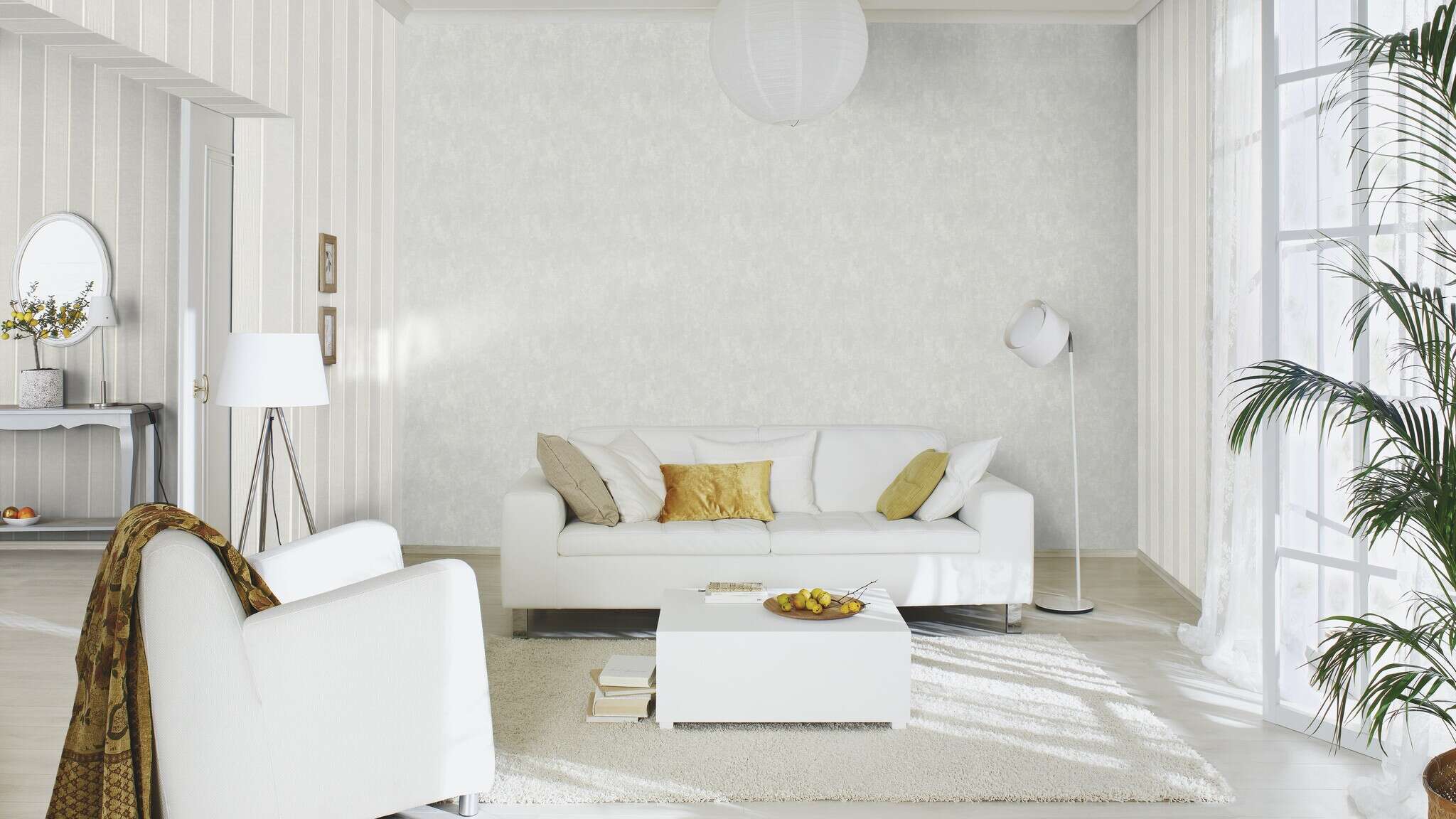 10-463972 Raumsituationen 3 Room with Timeless striped wallpaper with tone-on-tone stripes in grey