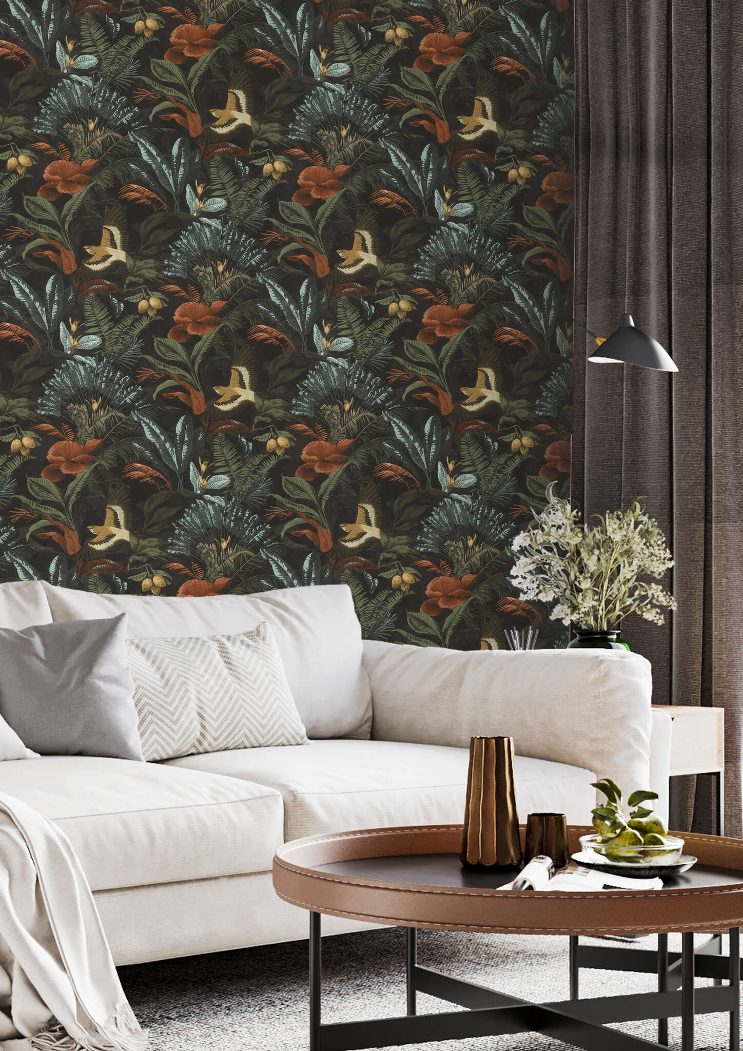10-639230 Raumsituationen 1 Room with Exotic wallpaper with tropical plants and parrots