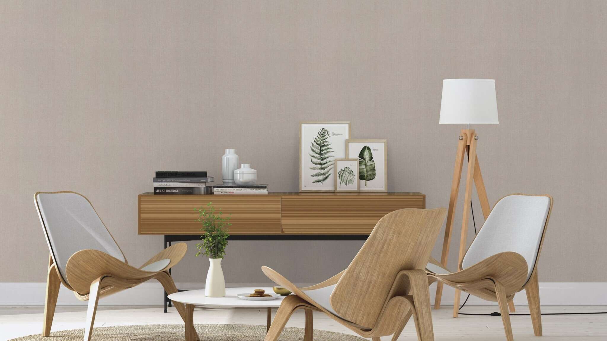 10-633672 Raumsituationen 2 Room with Single-colour wallpaper with a grainy textile texture