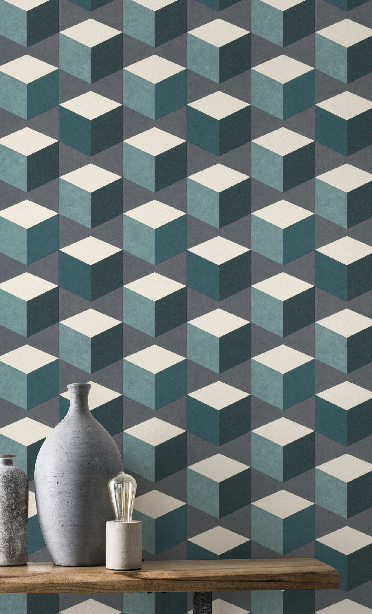 10-638370 Raumsituationen 4 Non-woven wallpaper 3D motif in gray, cream and petrol 638370