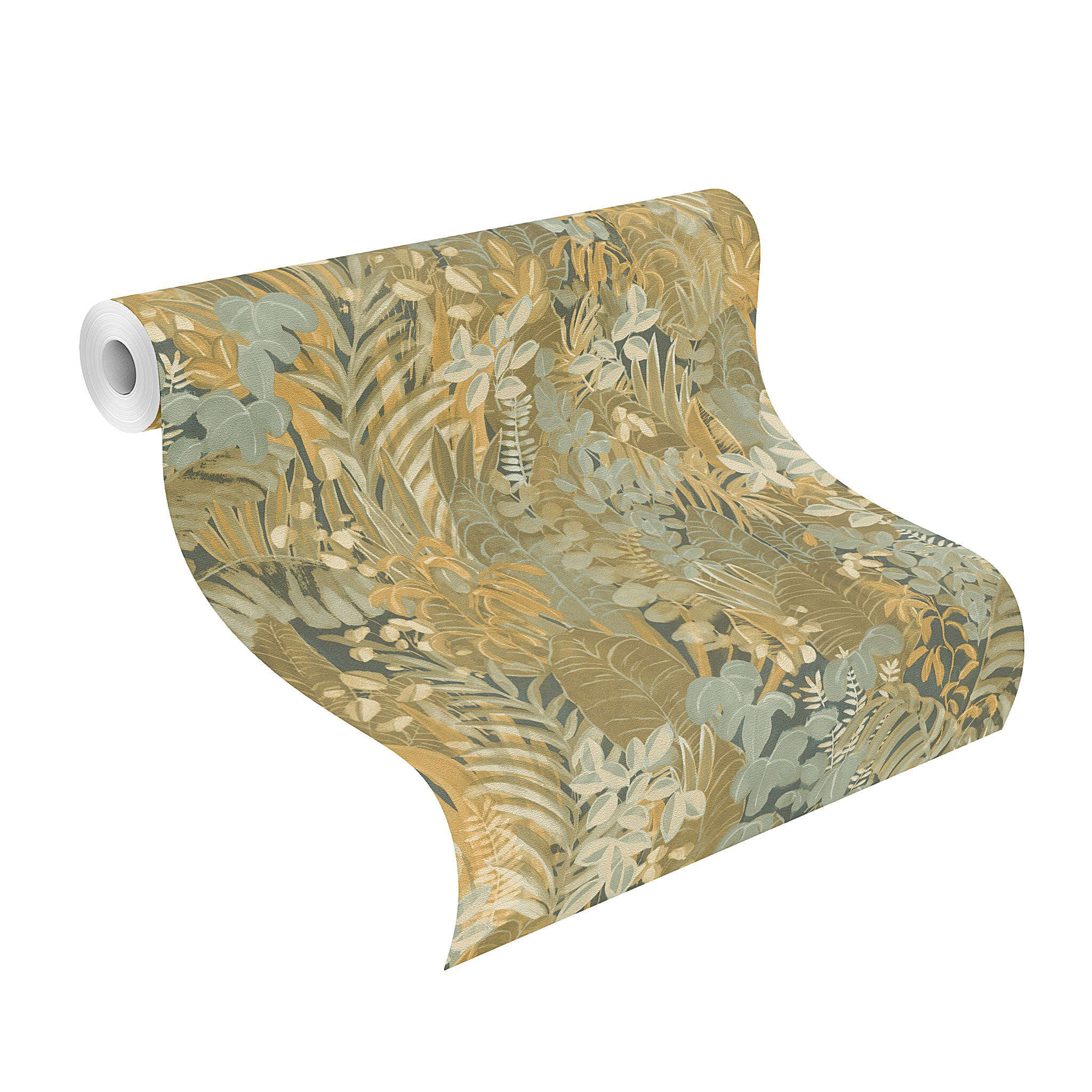 10-600643 Rolle abgerollt 1 Unrolled wallpaper roll with Tropical wallpaper with hand-painted leaves