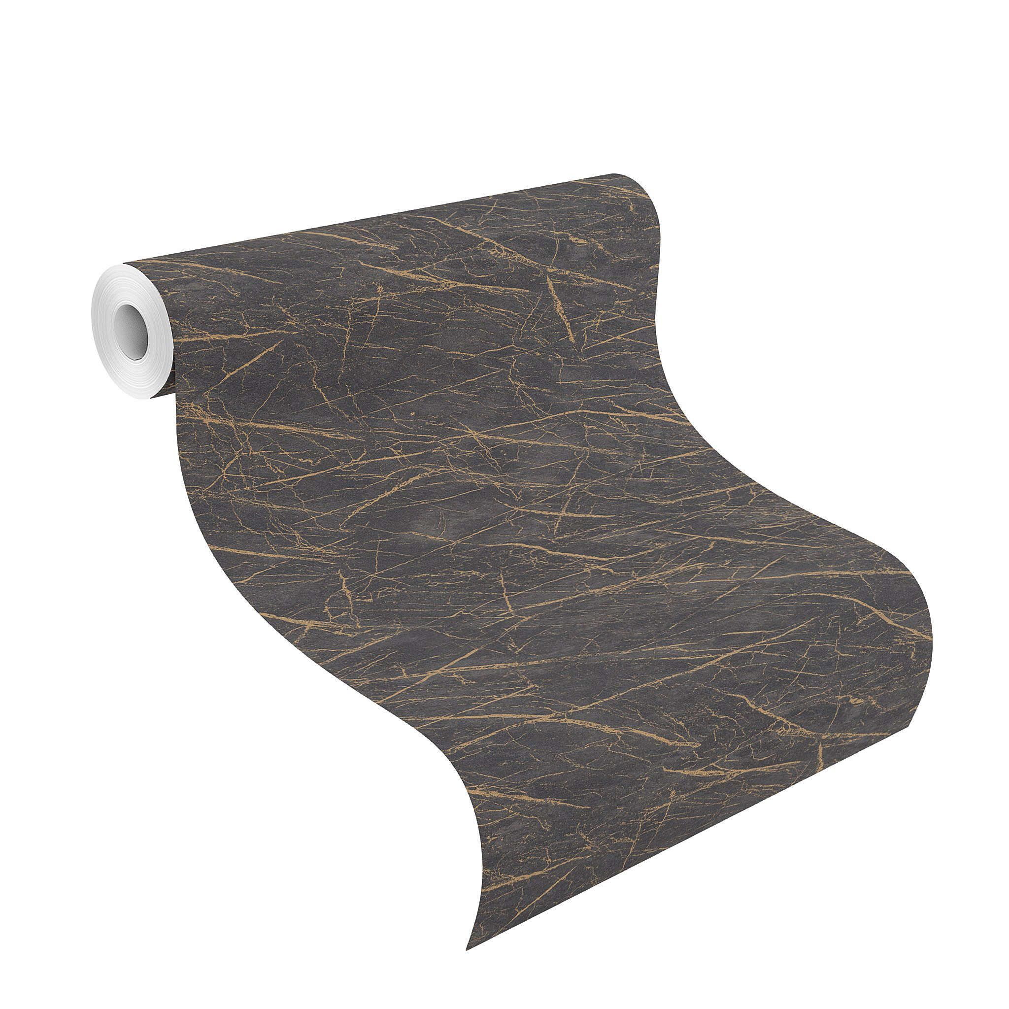 10-428964 Rolle abgerollt 1 Unrolled wallpaper roll with Non-woven wallpaper in black marble look with irregular gold-coloured veining.