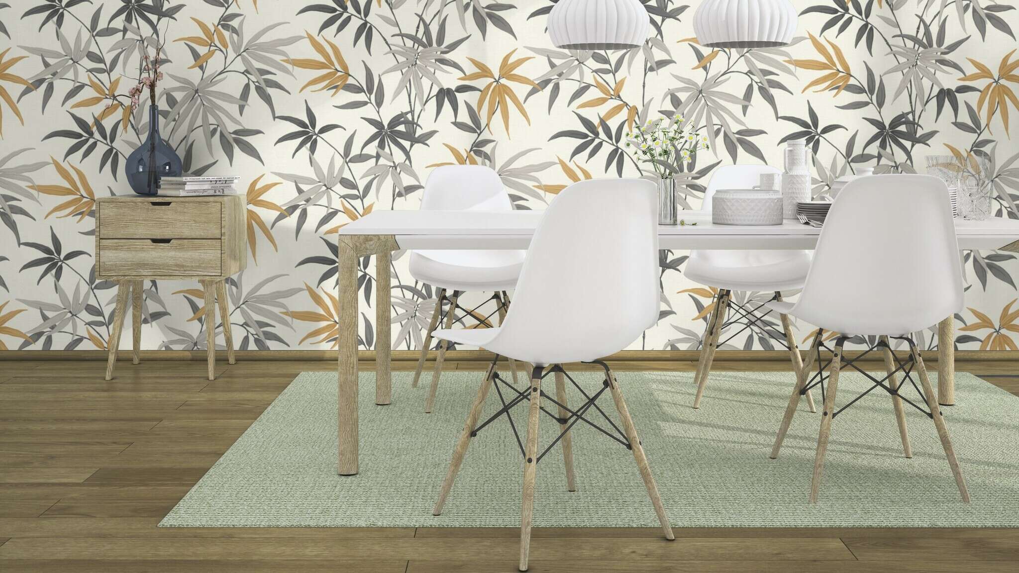 10-691504 Raumsituationen 2 Room with Wallpaper with individual bamboo plants and a textile look
