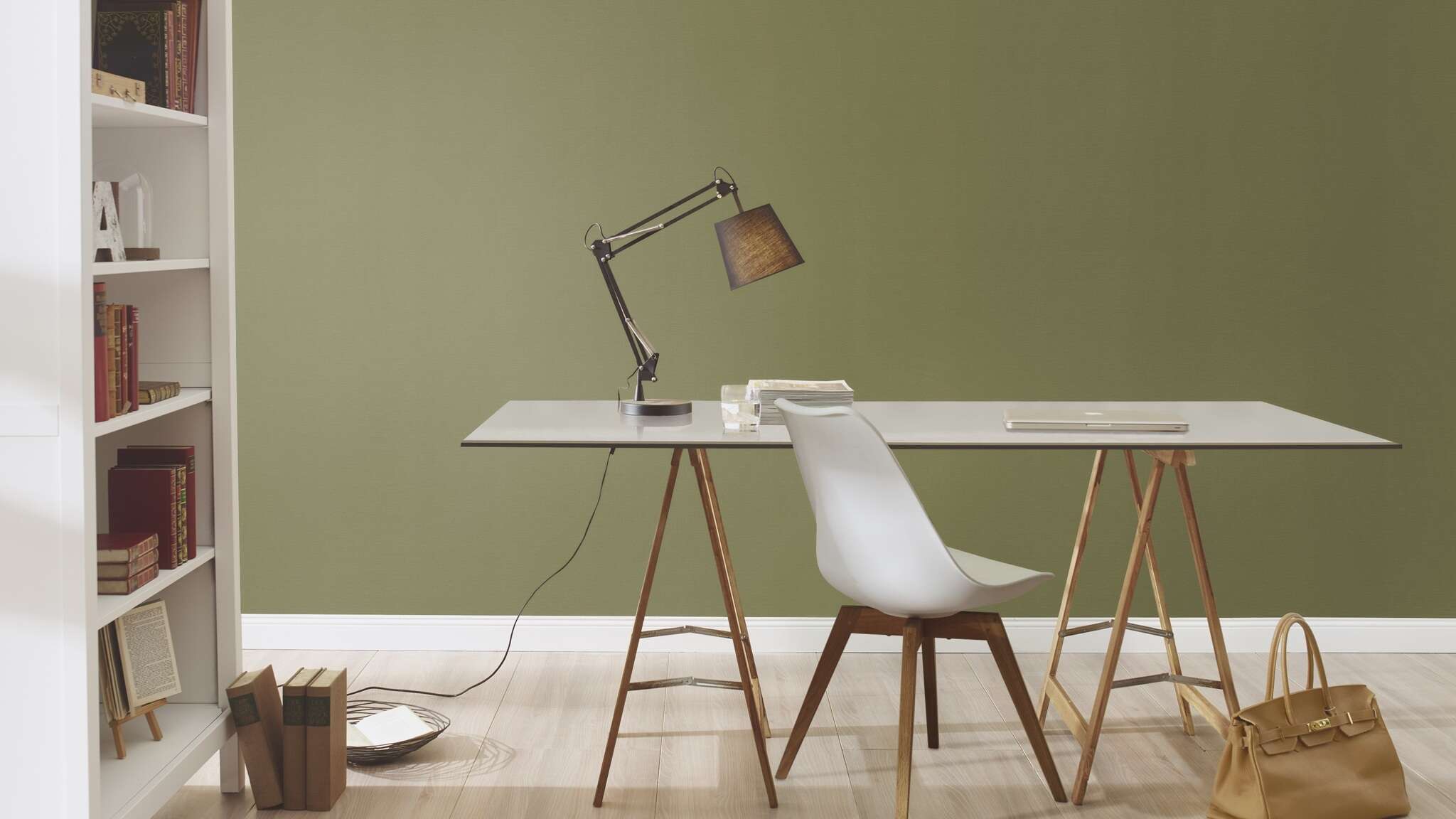 10-452068 Raumsituationen 6 Room with Non-woven wallpaper in olive green with a matt surface and textile-like texture – understated and stylish.