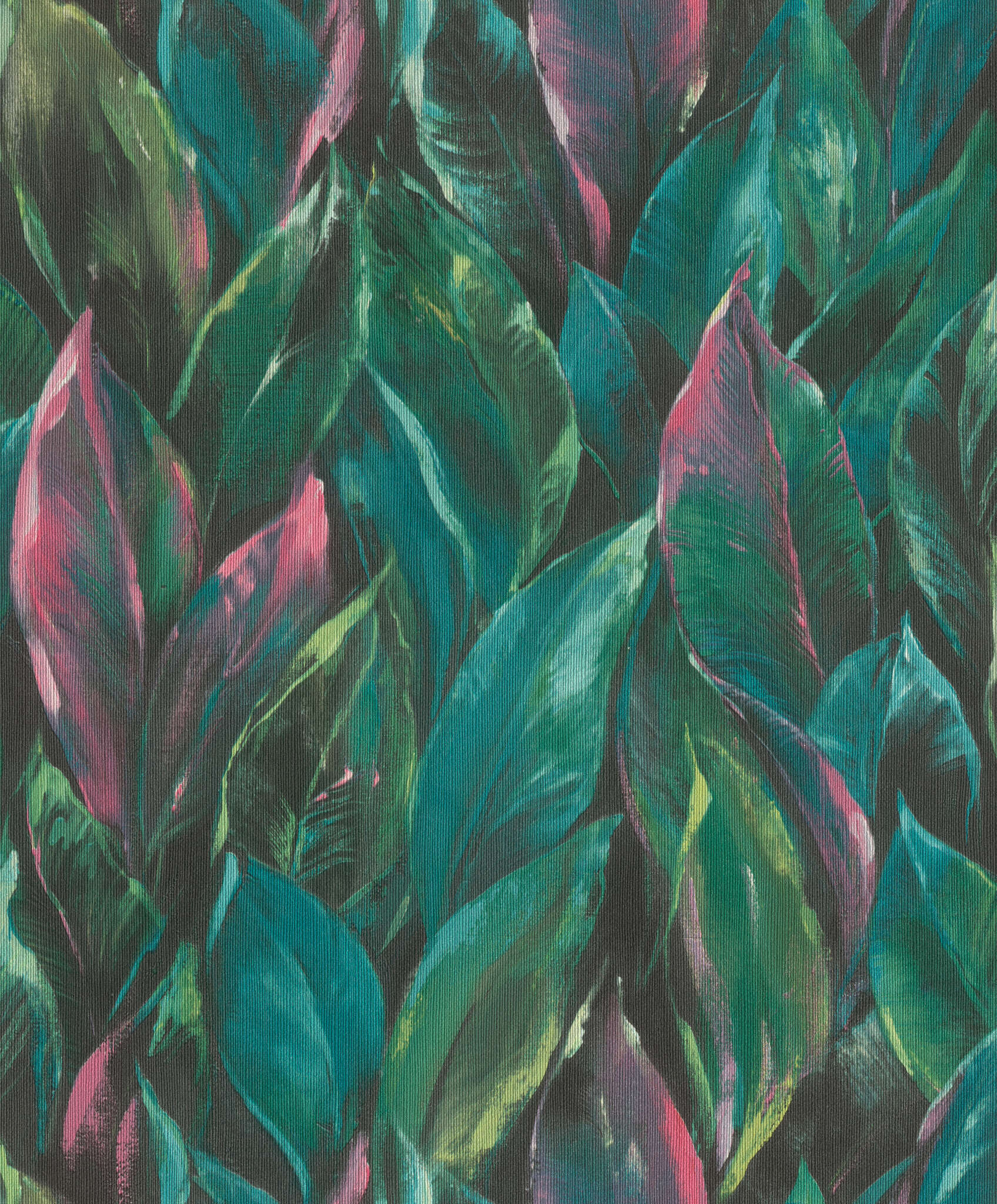 10-537352 Artikelscan 1 Large leaves in green, pink and turquoise are evenly distributed across the wall