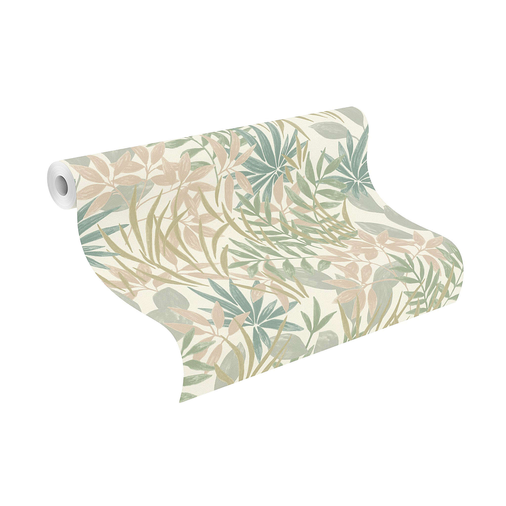 10-791006 Rolle abgerollt 1 Unrolled wallpaper roll with Wallpaper with overlapping leaves and twigs