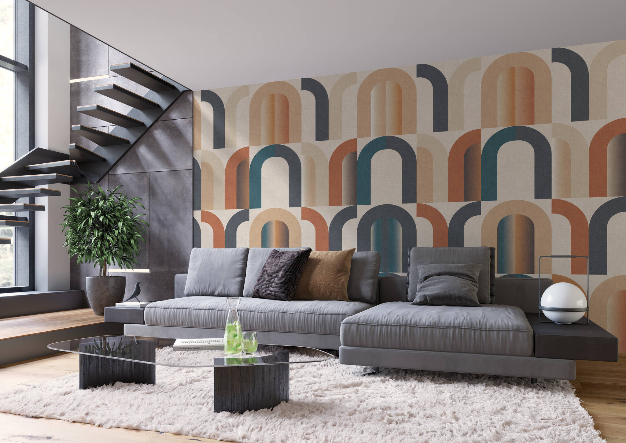 Wohnzimmer mit Wandbild - Geometrische Bögen mit Retro-Touch in Gold, Messing und blau
