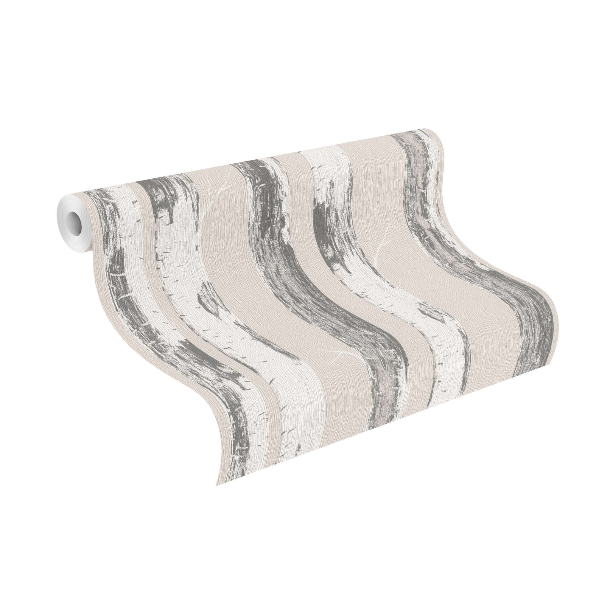 10-285406 Rolle abgerollt 1 Unrolled wallpaper roll with Wallpaper with vertical tree trunks in a stylised look for a natural accent