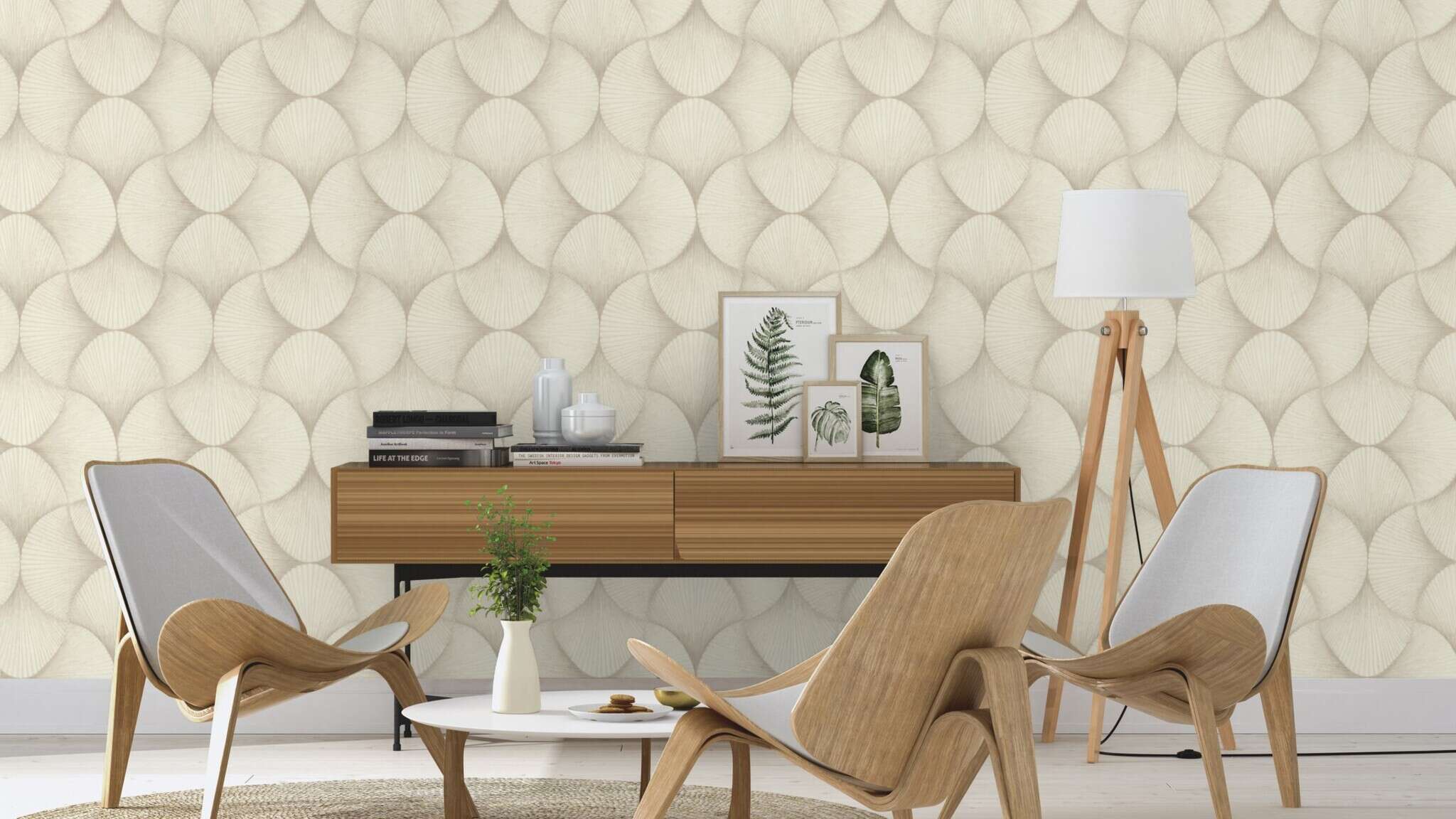 10-608229 Raumsituationen 2 Room with Graphic wallpaper with shells and grooved texture