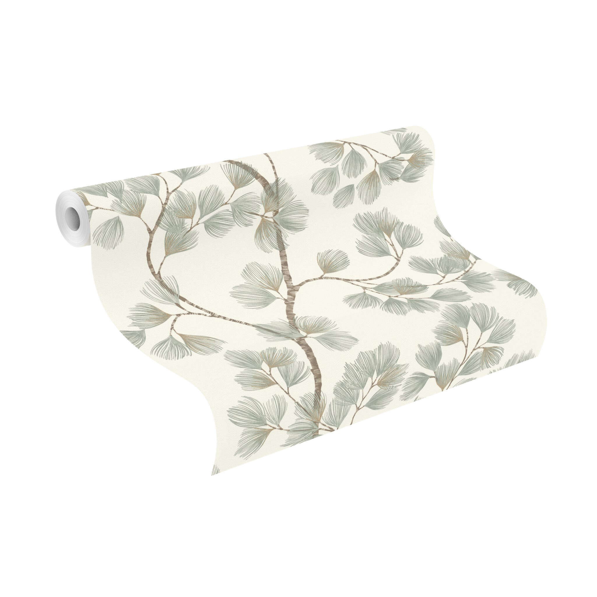 10-866902 Rolle abgerollt 1 Unrolled wallpaper roll with Wallpaper with branches and gold accents