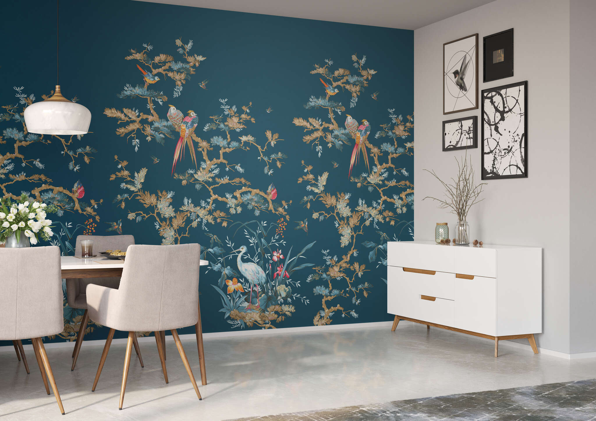 Esszimmer mit 362831 - Wandbild - Exotische Vogelwelt auf blauem Grund magicwalls Papier peint 362831