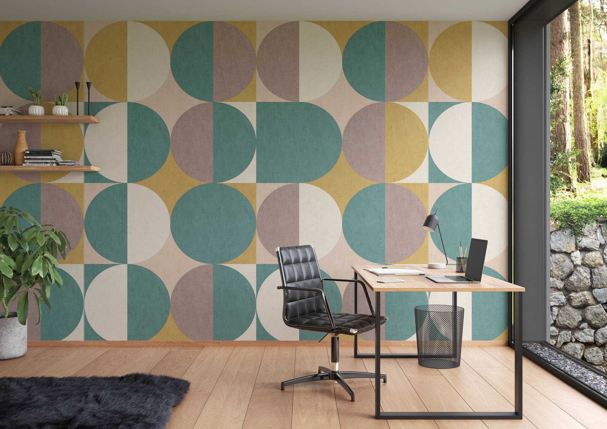 Arbeitszimmer mit Wandbild - Retro-Charme und doch modern - hier schließt sich der Kreis mit halbrunden Formen in Grau, Gelb & Grün