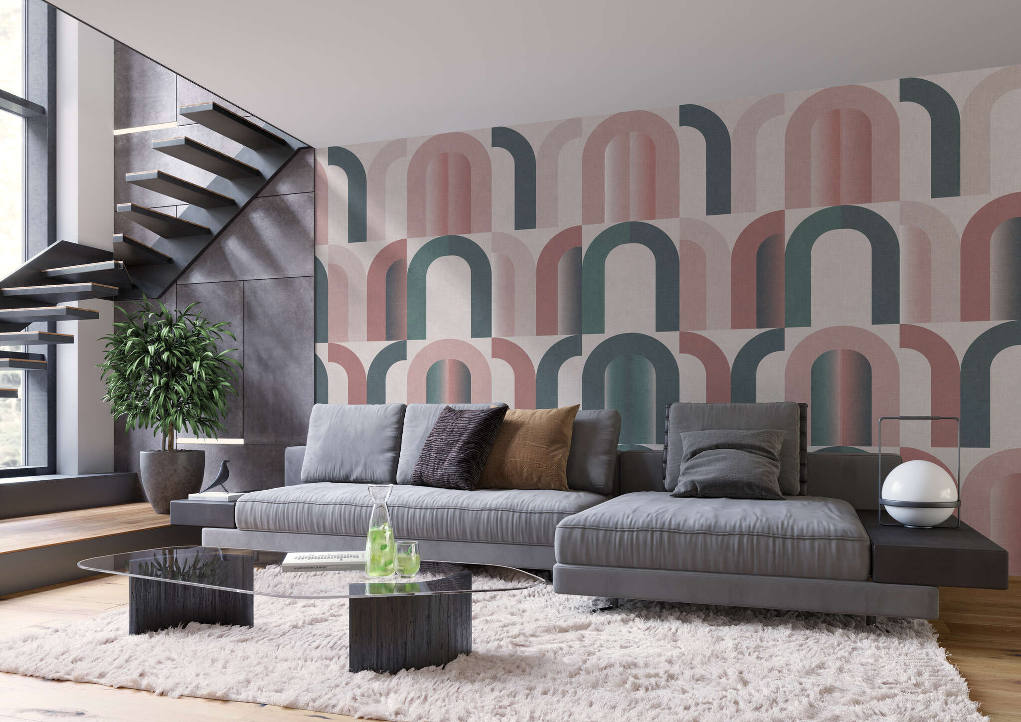 Wohnzimmer mit 363951 - Wandbild - Geometrische Bögen mit Retro-Touch magicwalls Fototapete 363951