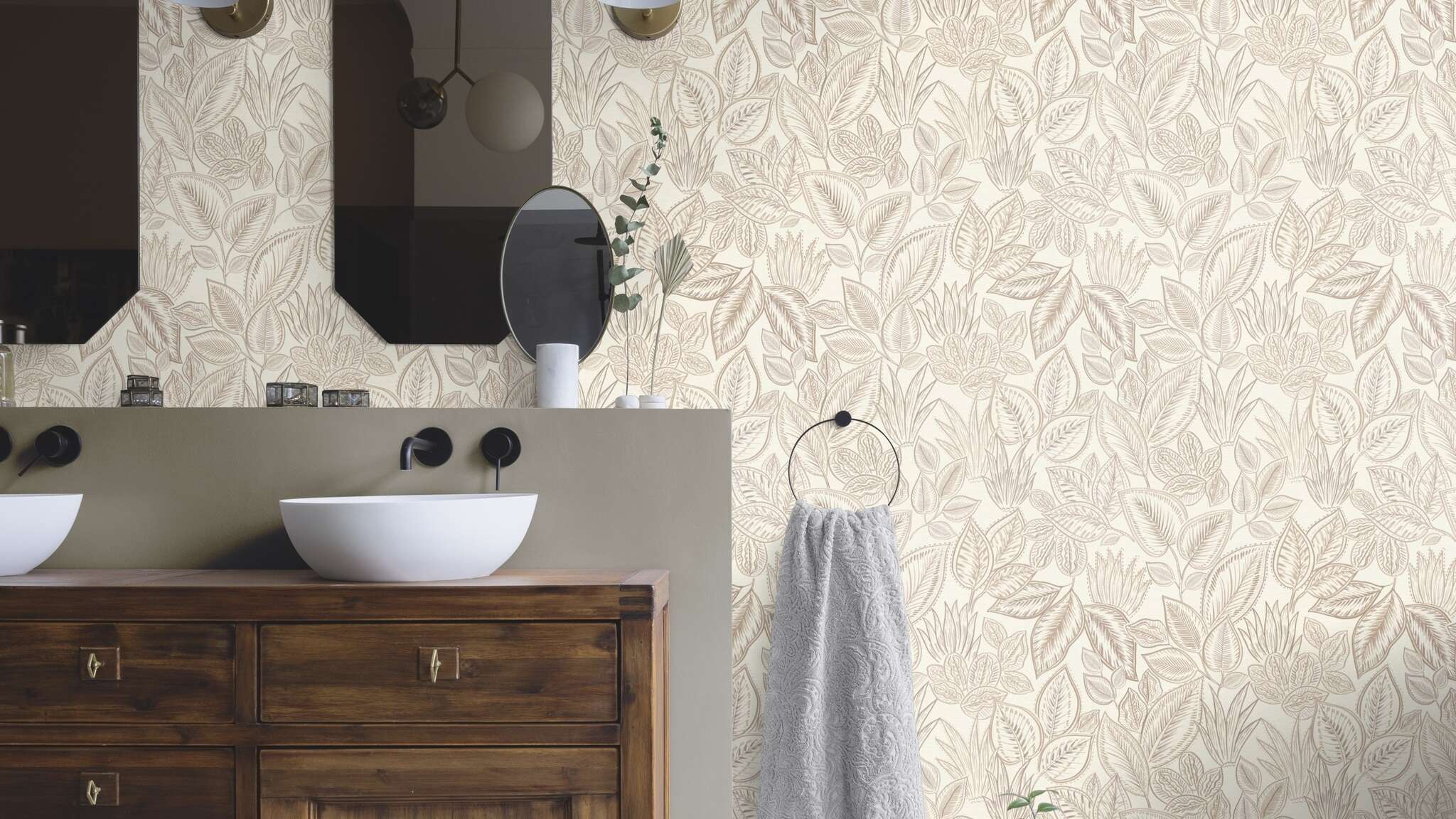 10-692419 Raumsituationen 5 Une chambre avec Papier peint avec des feuilles dessinées de manière imaginative