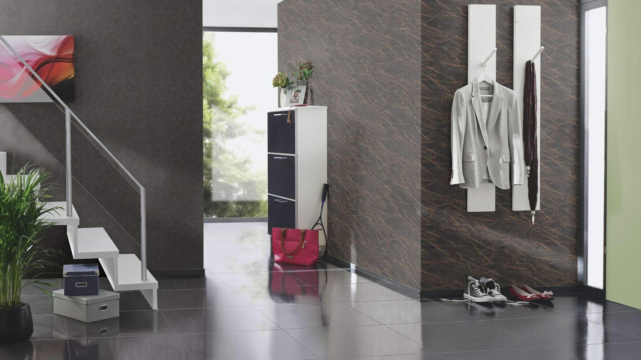 10-429268 Raumsituationen 6 Une chambre avec Papier peint non tissé foncé avec une surface mate et une texture structurée anthracite.