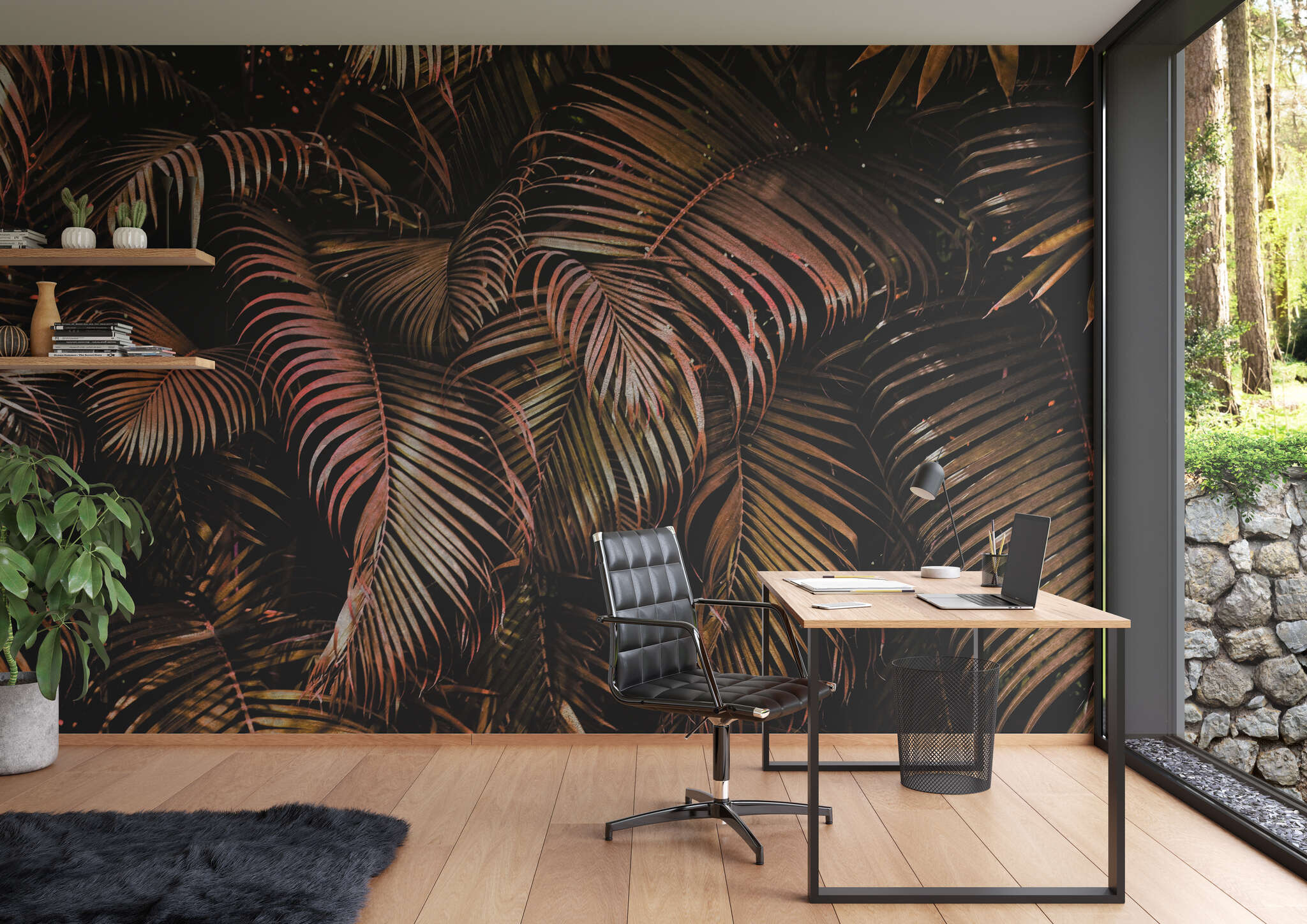 Arbeitszimmer mit 363135 - Fototapete - Rote Palmenblätter mit 3D-Effekt magicwalls photo wallpaper 363135