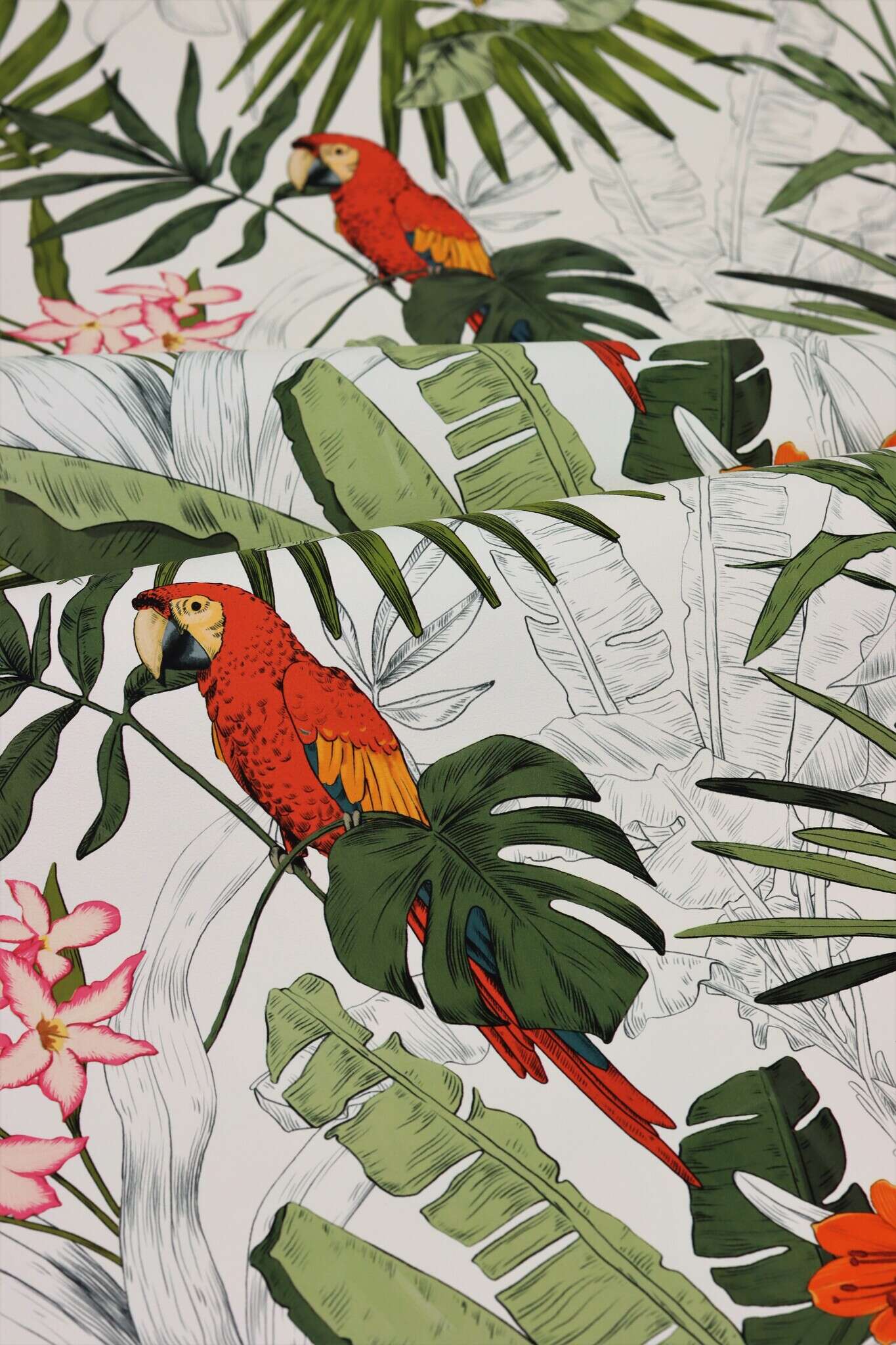 10-689907 Detailaufnahmen 5 Detailed image of Wallpaper with tropical plants and parrots