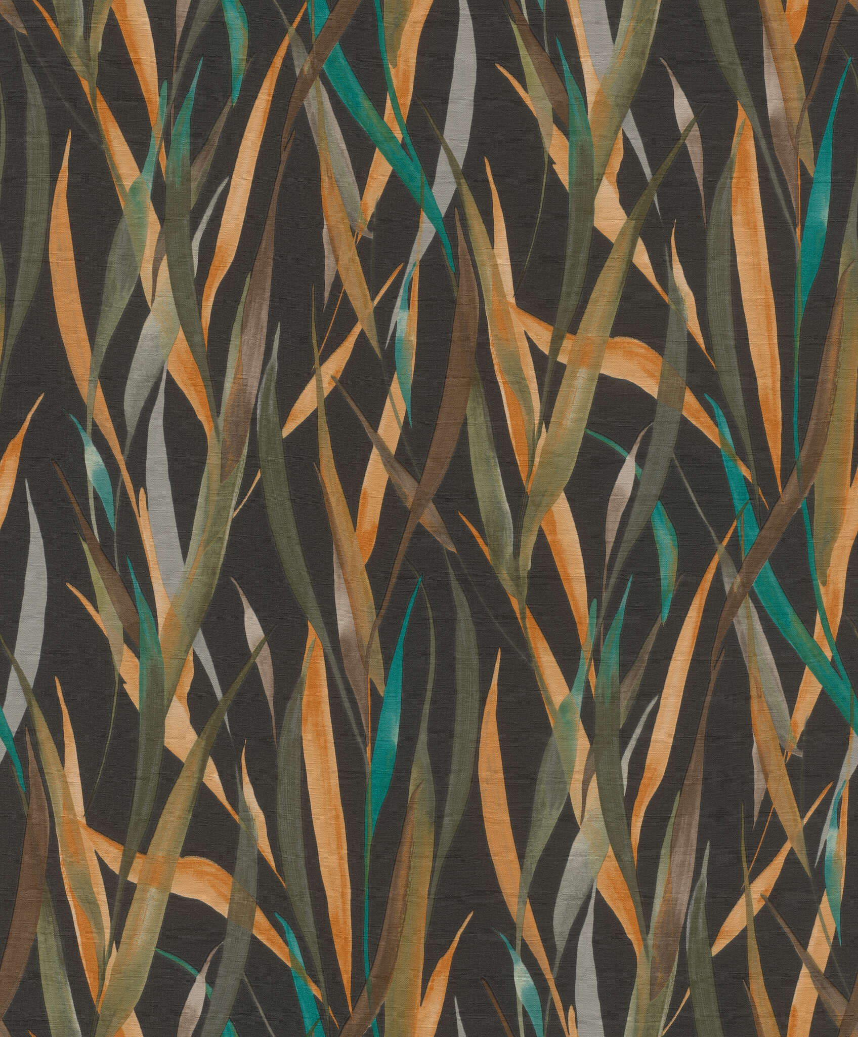 10-330250 Artikelscan 1 Black background with grasses in orange, green and petrol – a modern eye-catcher with jungle flair.