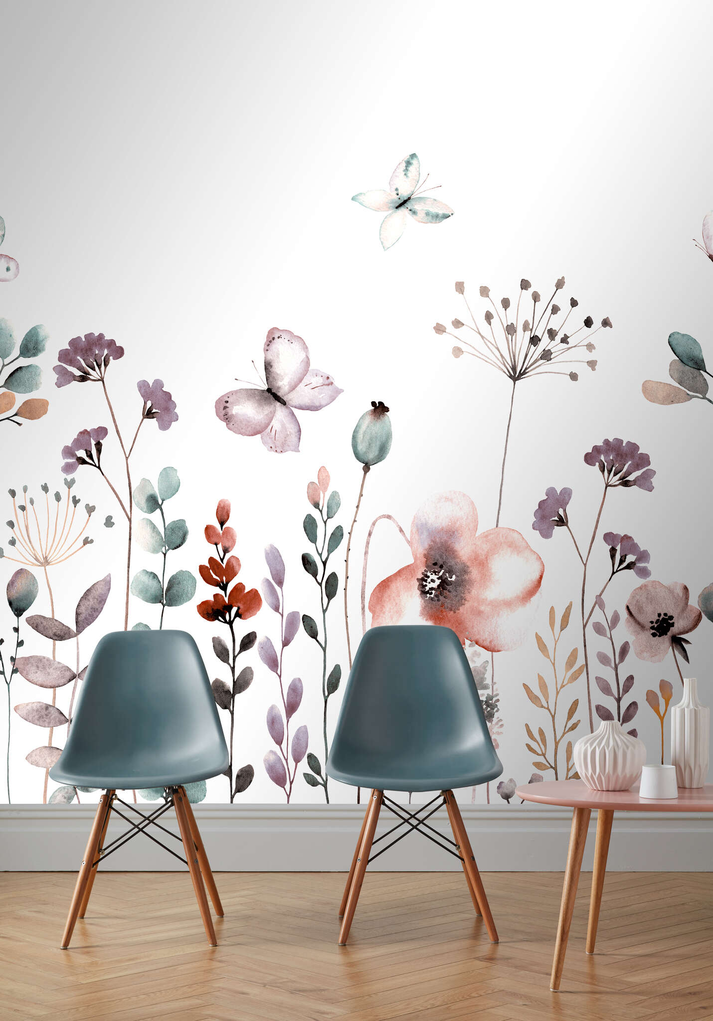 Wohnzimmer mit 253290 - Wandbild - Blumenwiese in zartem Aquarell petrol/violett Bambino XIX photo wallpaper 253290