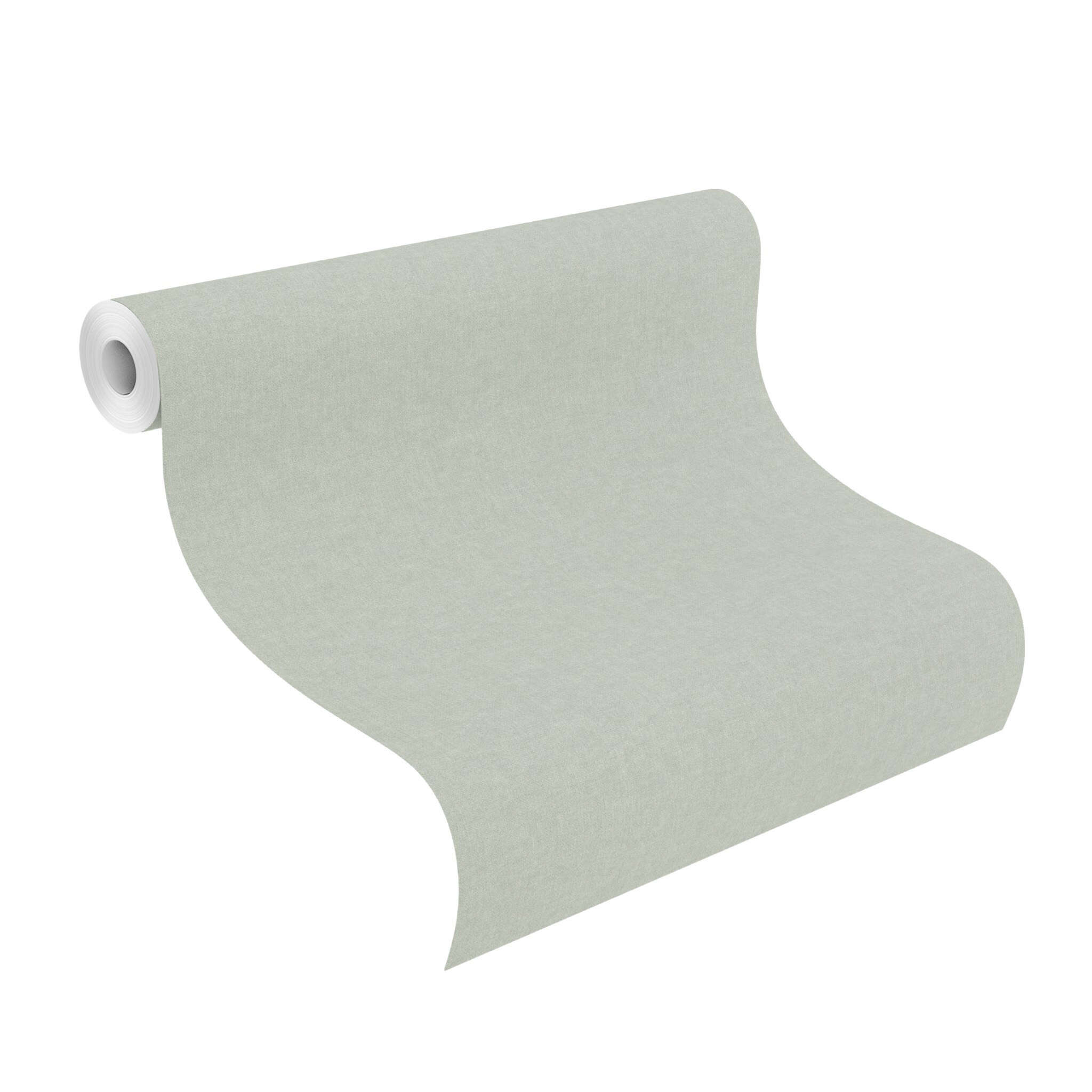 10-252835 Rolle abgerollt 1 Unrolled wallpaper roll with Greenish matt wallpaper with a smooth texture for a calming room effect