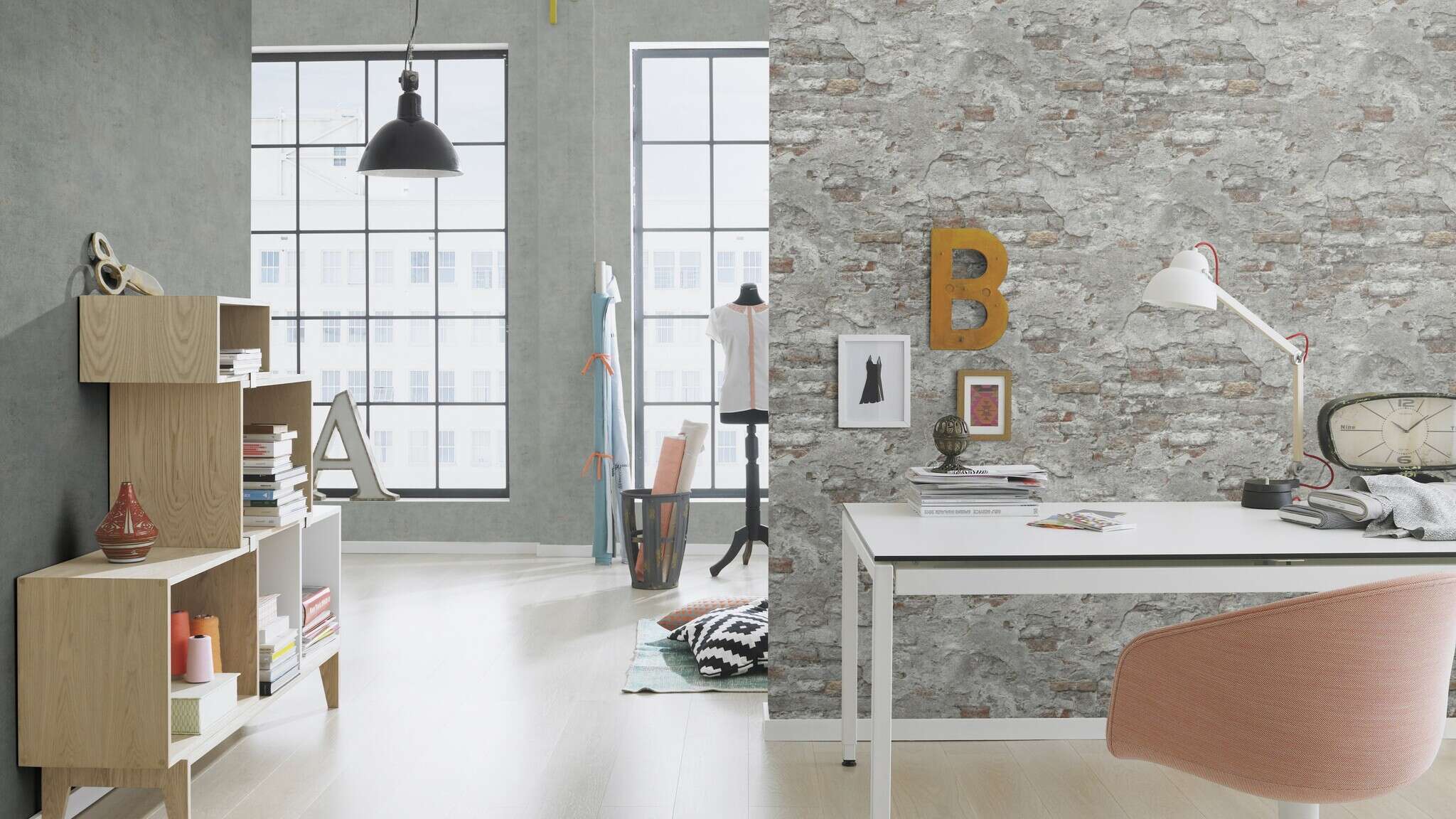 10-939545 Raumsituationen 4 Room with Wallpaper with rustic concrete look