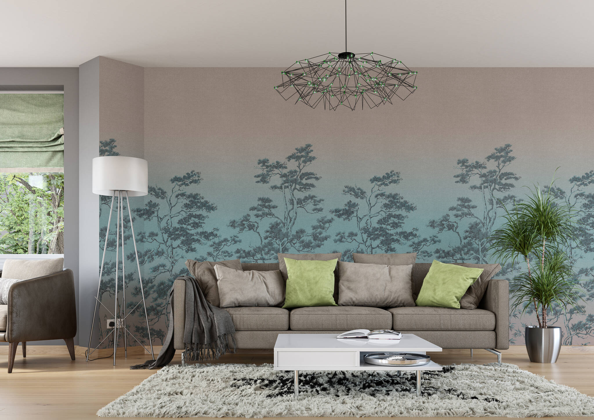 Wohnzimmer mit Wandbild - Fein gezeichnete Baumkrone in in Grün-braun erzeugen eine Sonnnenaufgangs-Stimmung
