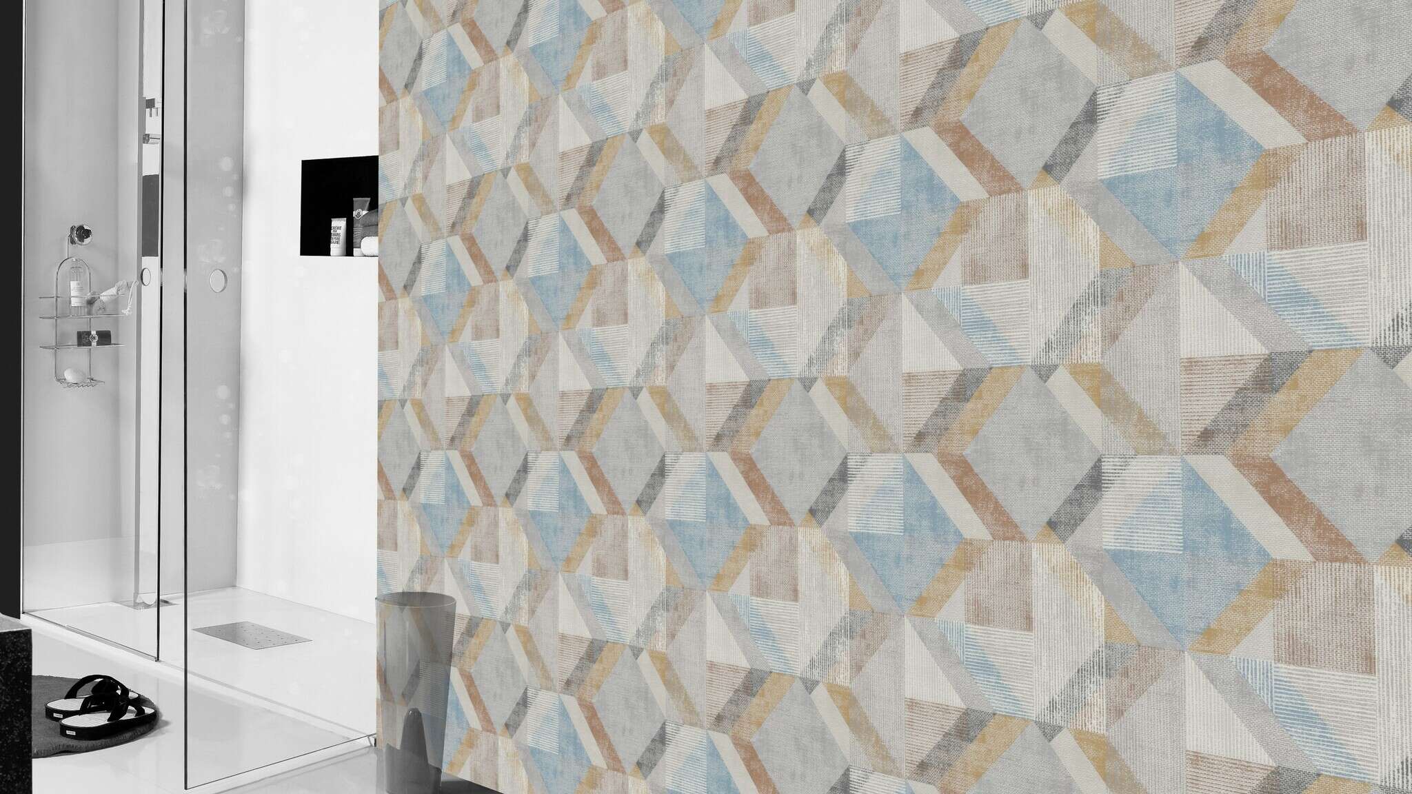 10-311907 Raumsituationen 2 Raum mit Moderne Tapete mit großflächigem Rautenmuster in Blau, Beige und Grau mit Vintage-Charakter
