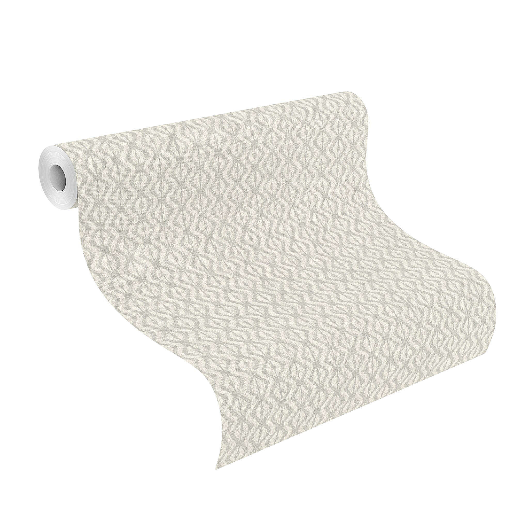 10-410679 Rolle abgerollt 1 Unrolled wallpaper roll with Non-woven wallpaper with a small diamond pattern in shades of grey with a textile-like texture.