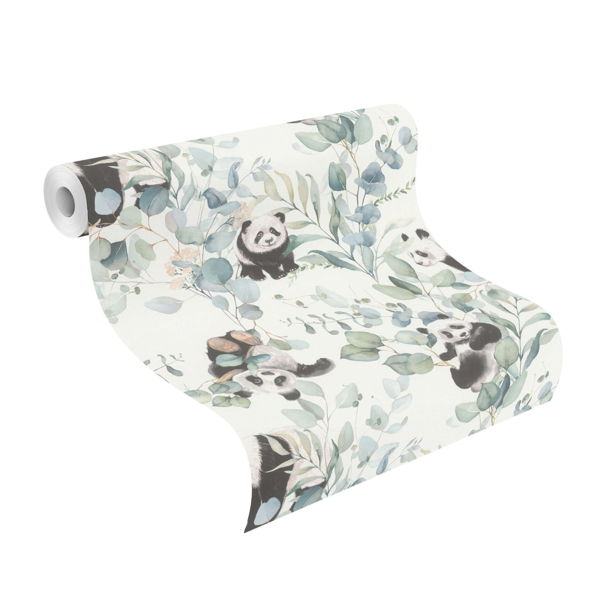 10-301199 Rolle abgerollt 1 Rollenabbildung mit Tapete mit fröhlichen Pandas zwischen Blättern und Ästen in Aquarelloptik für das Kinderzimmer