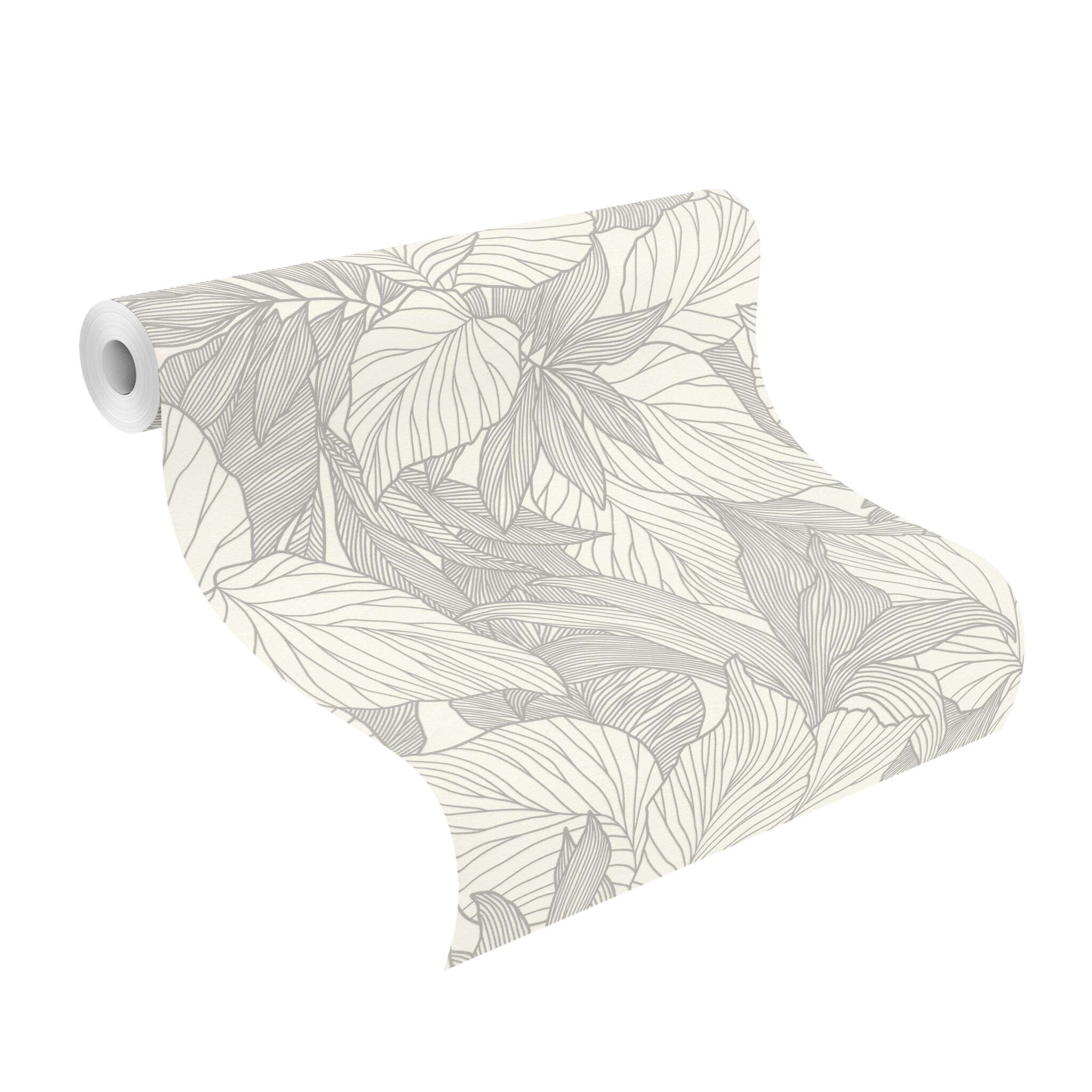 10-314922 Rolle abgerollt 1 Unrolled wallpaper roll with Decorative non-woven wallpaper in soft cream and black with a delicate, slightly raised leaf pattern