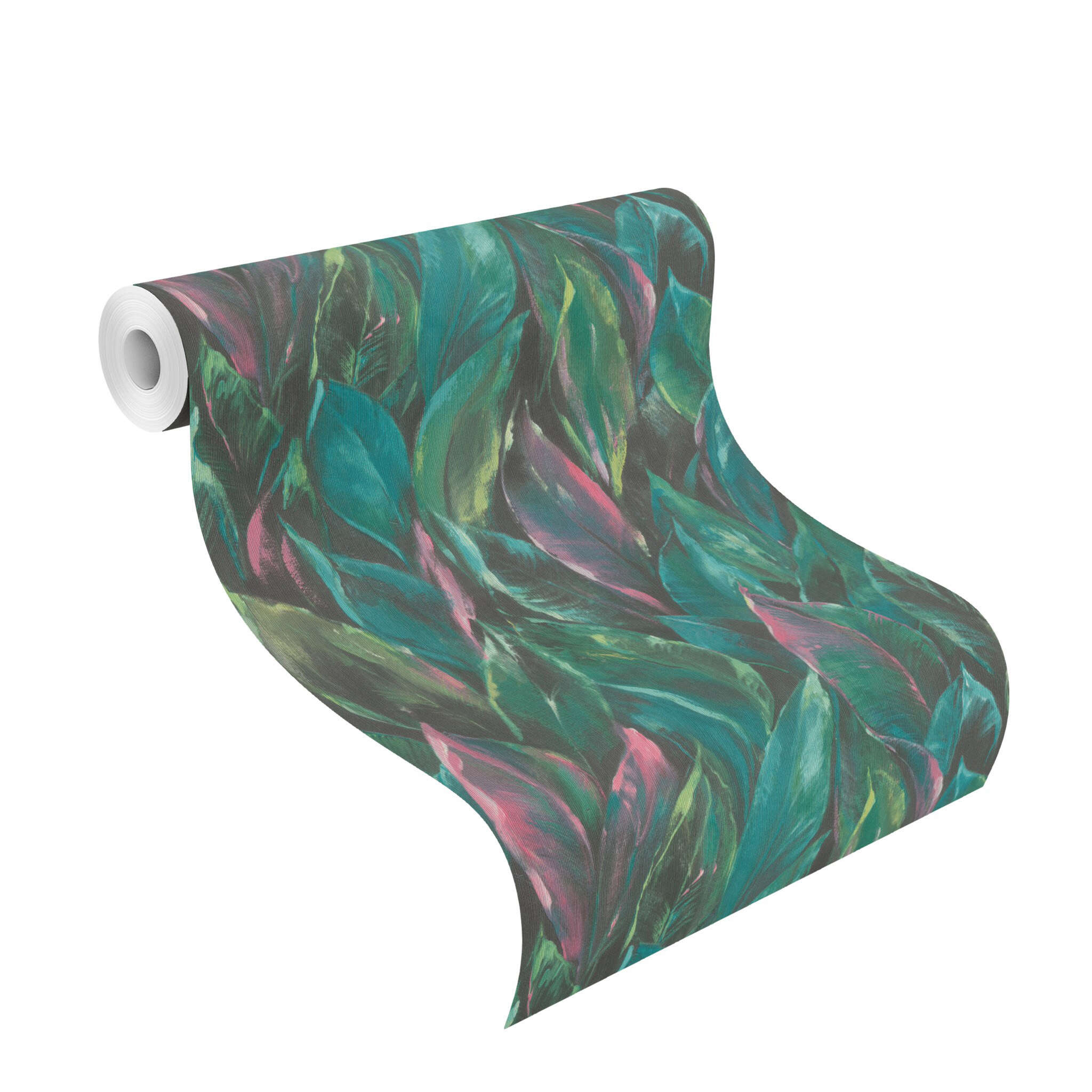 10-537352 Rolle abgerollt 1 Unrolled wallpaper roll with Large leaves in green, pink and turquoise are evenly distributed across the wall