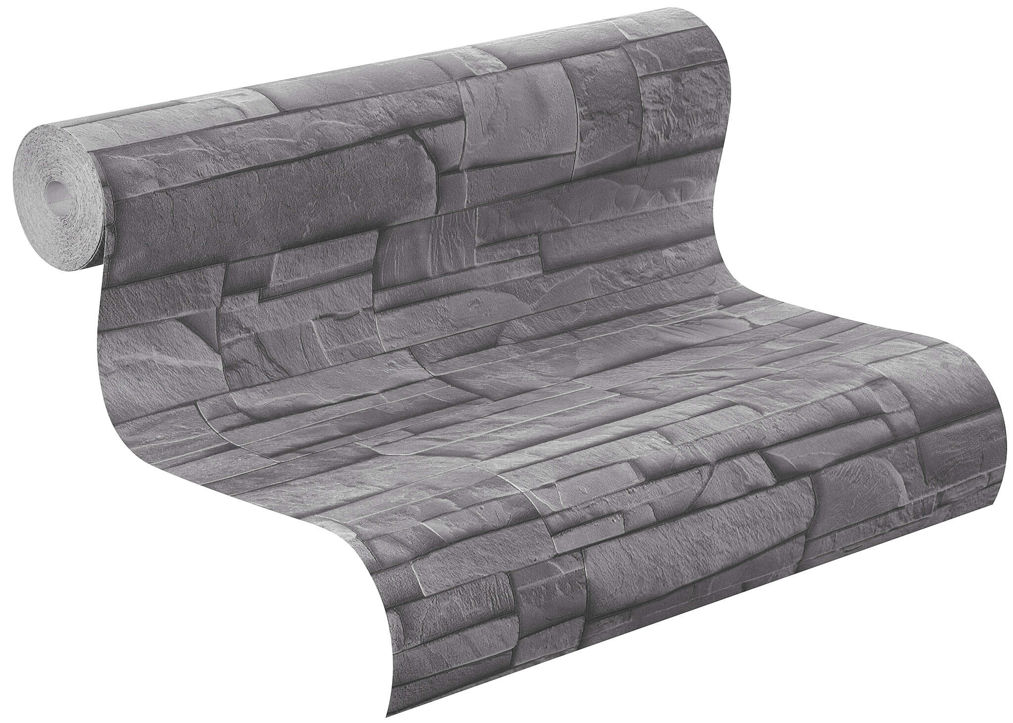 10-475029 Rolle abgerollt 1 Unrolled wallpaper roll with Realistic non-woven wallpaper in a slate stone look with a textured surface in shades of grey with a real 3D look